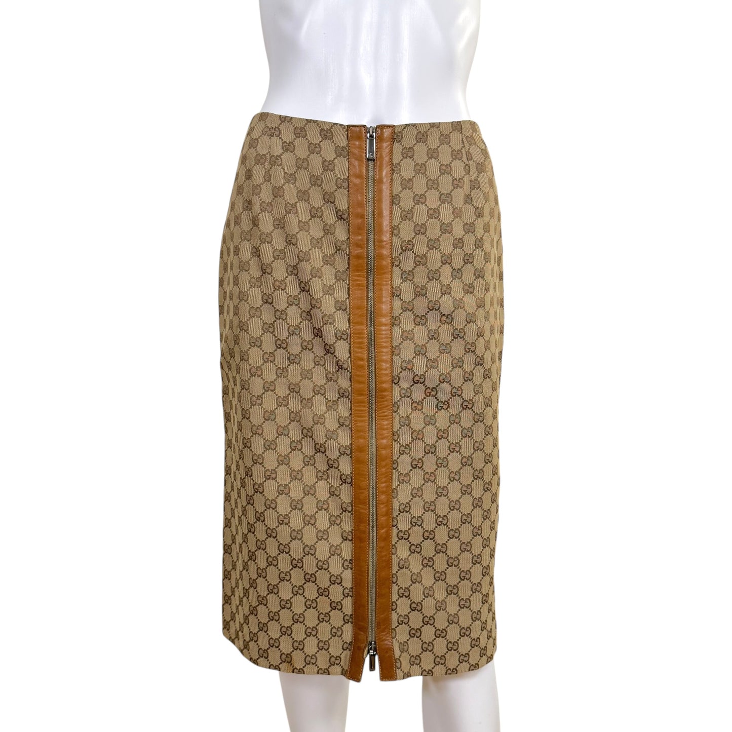 Gucci by Tom Ford 2000 Tan Monogram Canvas & Leather Zip-Up Midi Skirt - Outfit Repeater