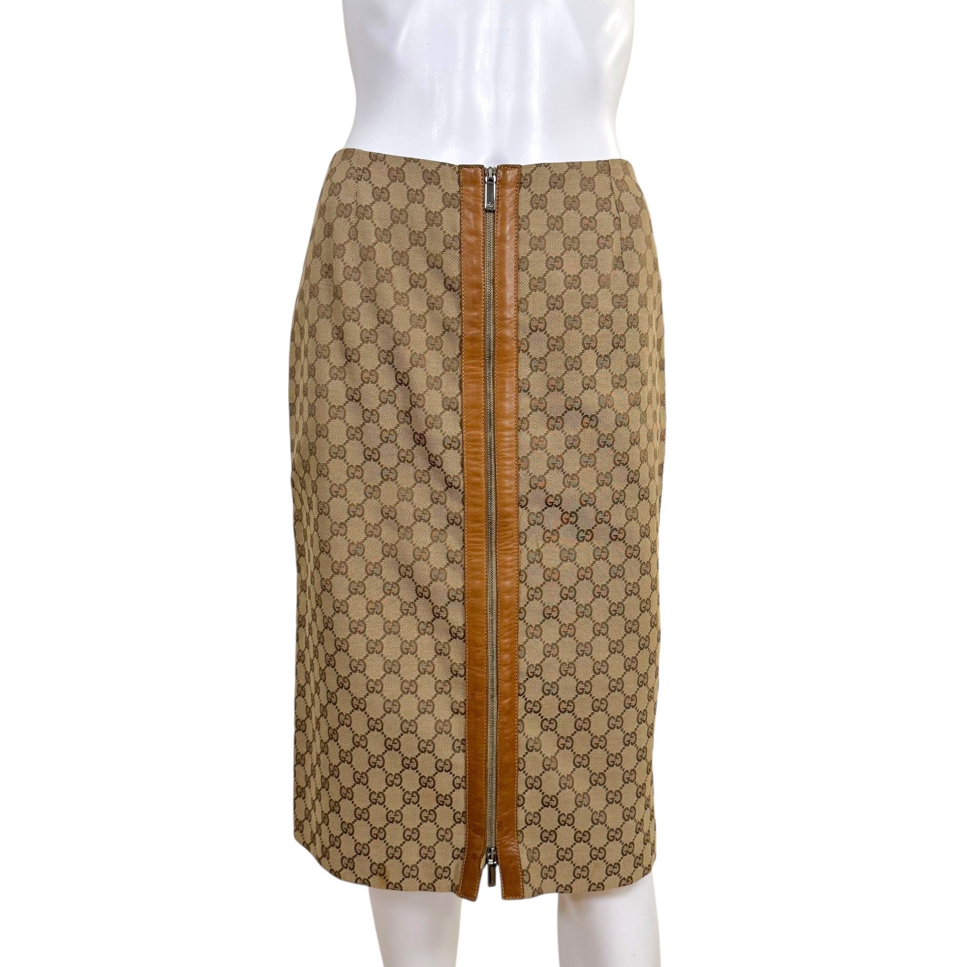 Gucci by Tom Ford 2000 Tan Monogram Canvas & Leather Zip-Up Midi Skirt - Outfit Repeater