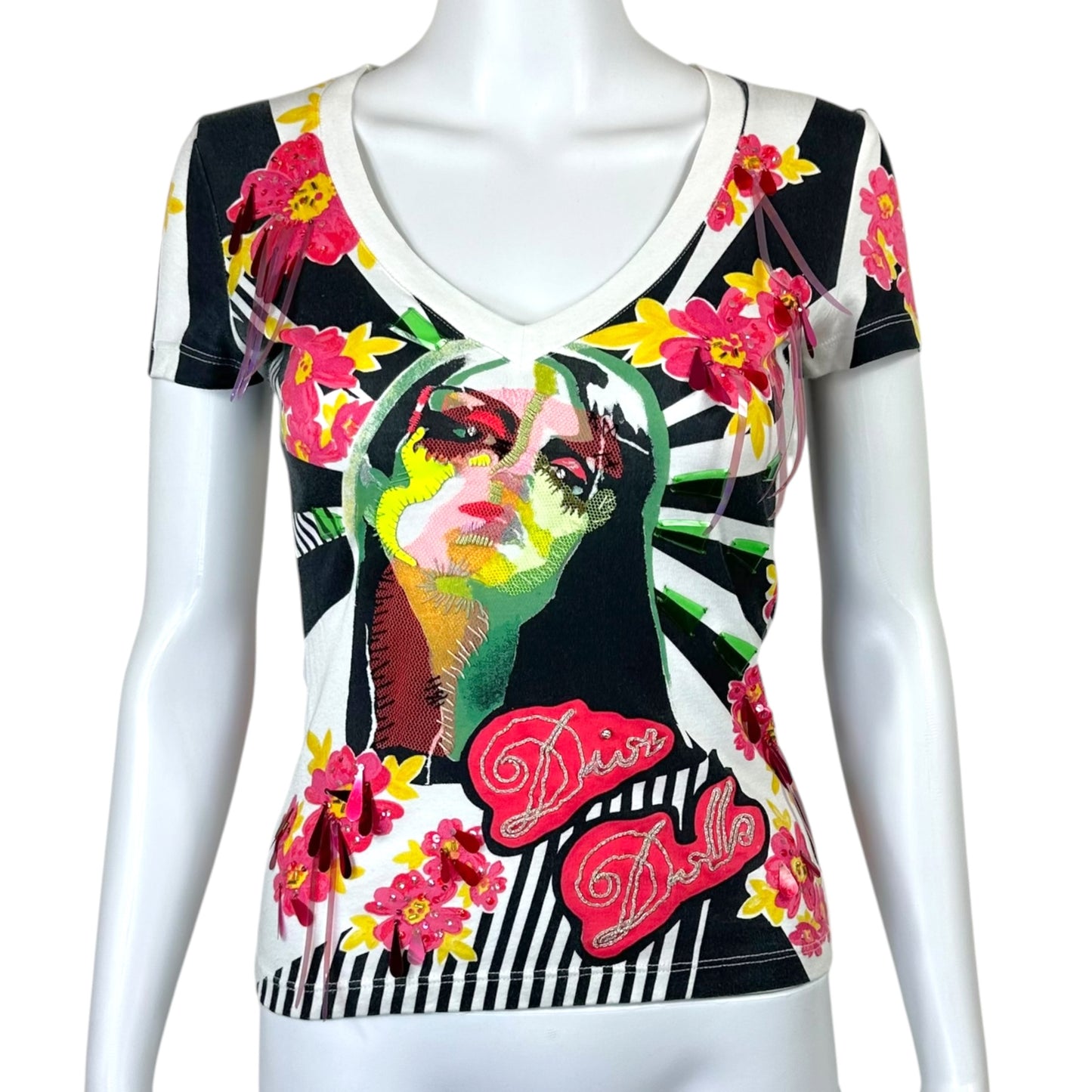 Christain Dior F/W 2004 Dior Dolls Sequin & Leather Embellished Graphic T-Shirt
