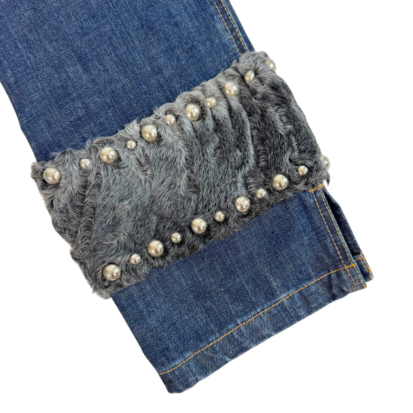 Dolce & Gabbana Denim Capri Pants Blue Fur Trim Studded
