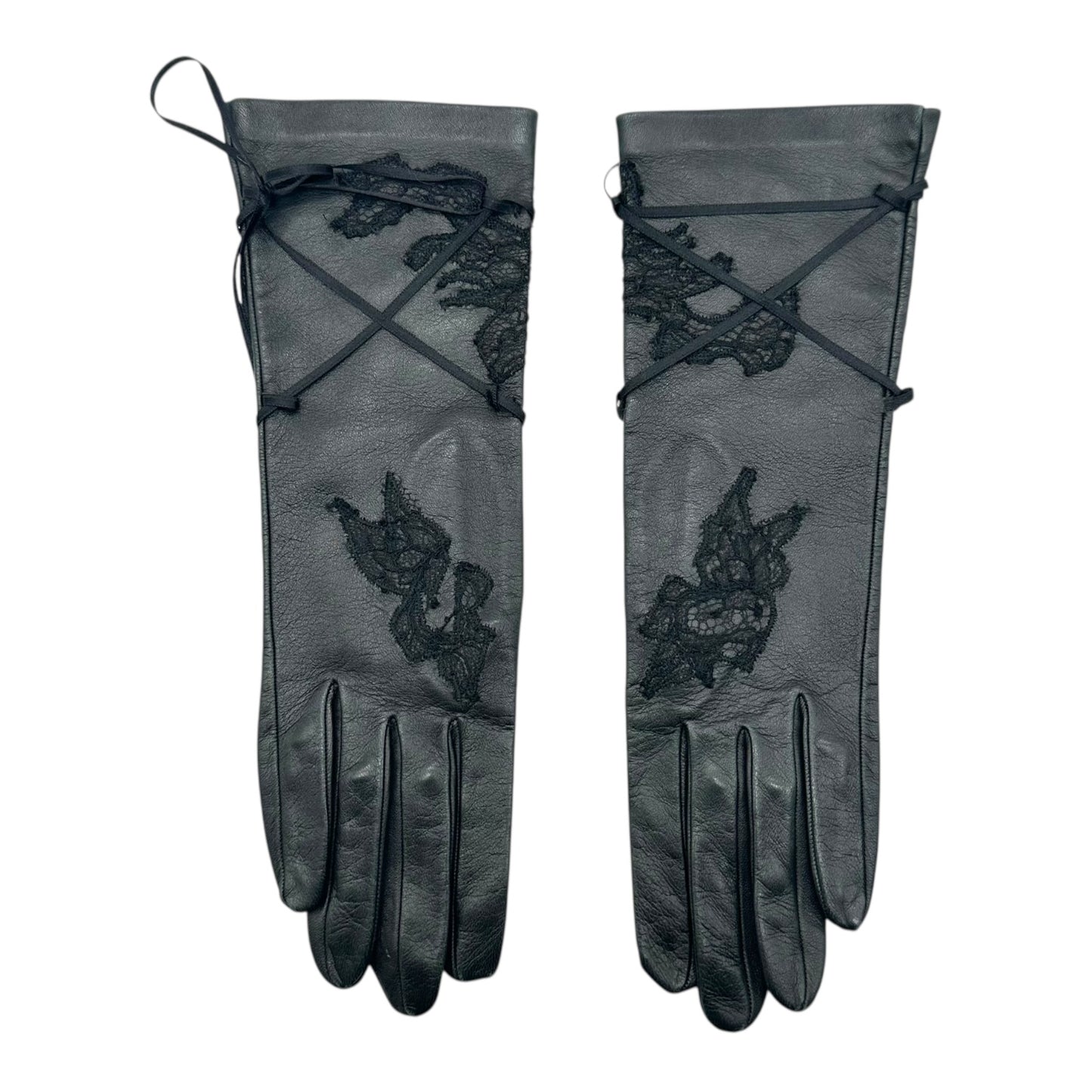 John Galliano Black Lambskin & Lace Lace-Up Gloves