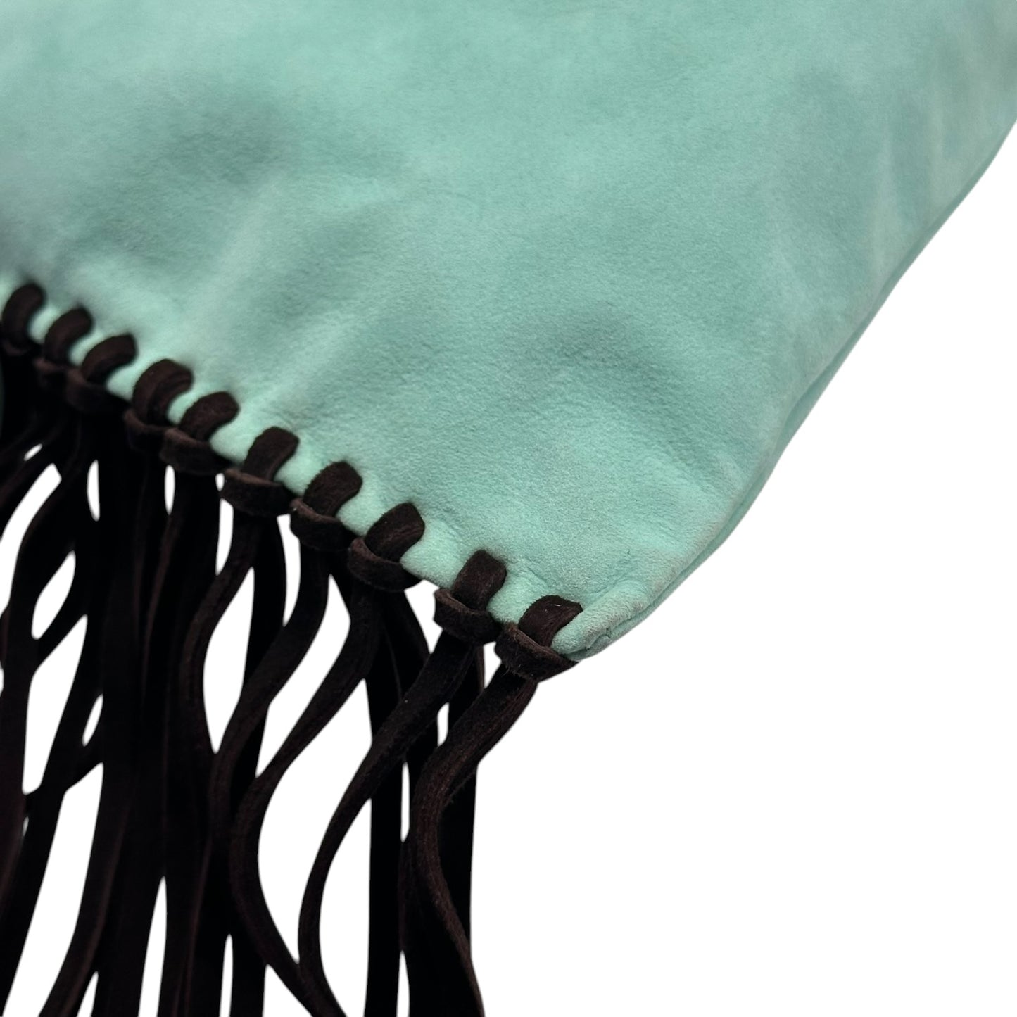 Valentino Garavani Turquoise & Brown Suede Fringe Trim Bracelet Handle Clutch Bag