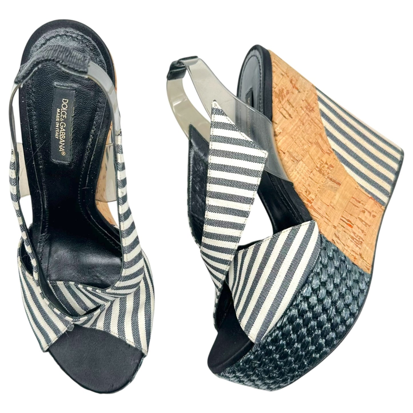 Dolce & Gabbana Navy Blue Striped & Cork Platform Wedges