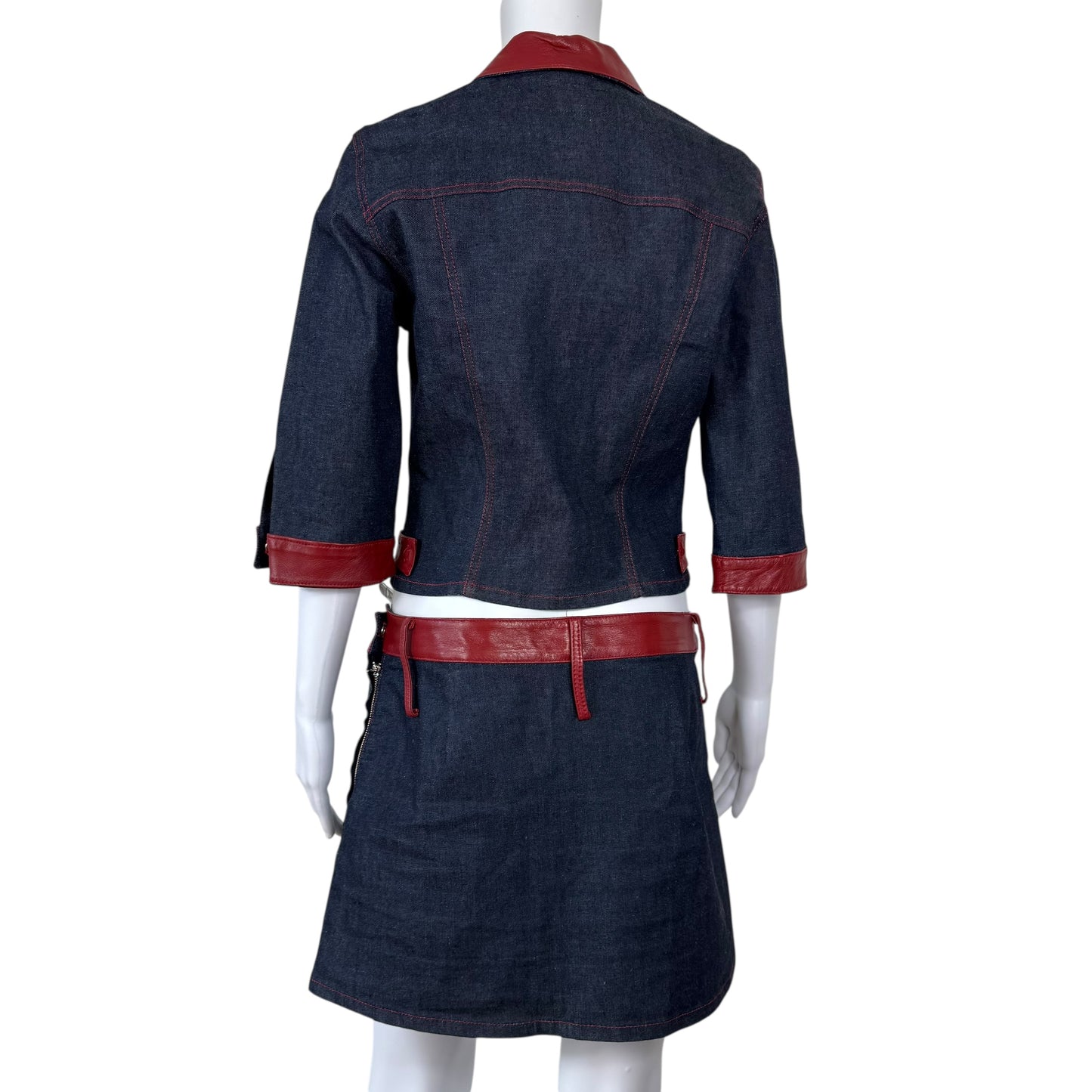 D&G Dolce & Gabbana Dark Denim & Red Leather Skirt & Jacket Set
