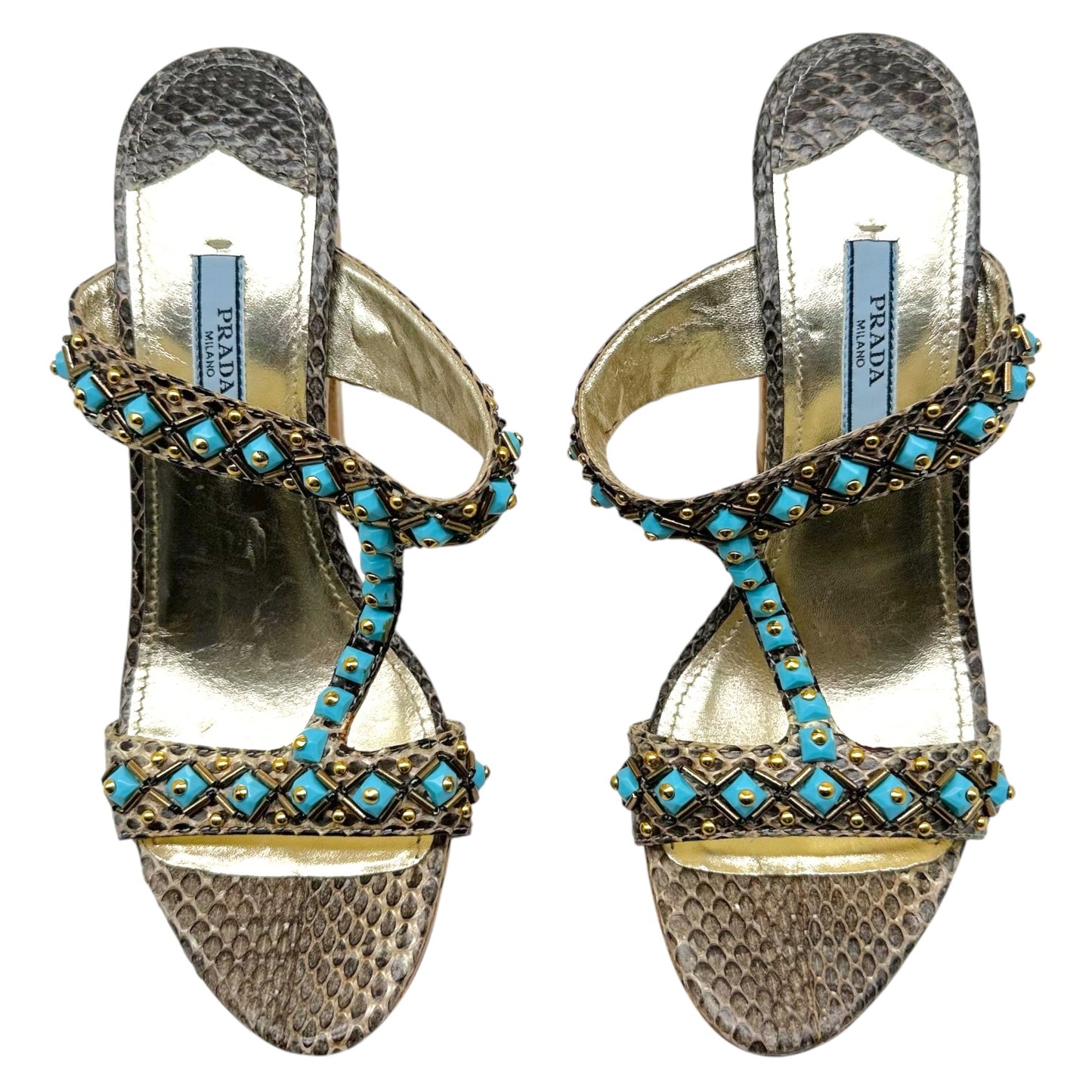 Prada Turquoise Beaded Snakeskin Cork Platform Sandal Heels