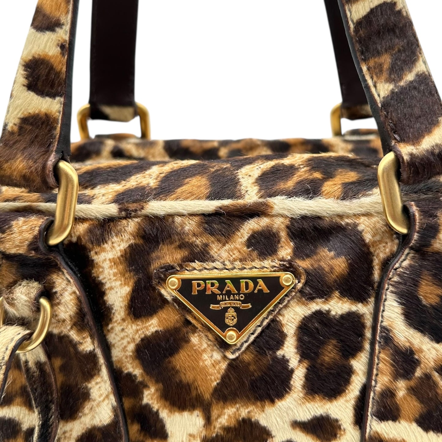 Prada Leopard Print Ponyhair Boston Bag