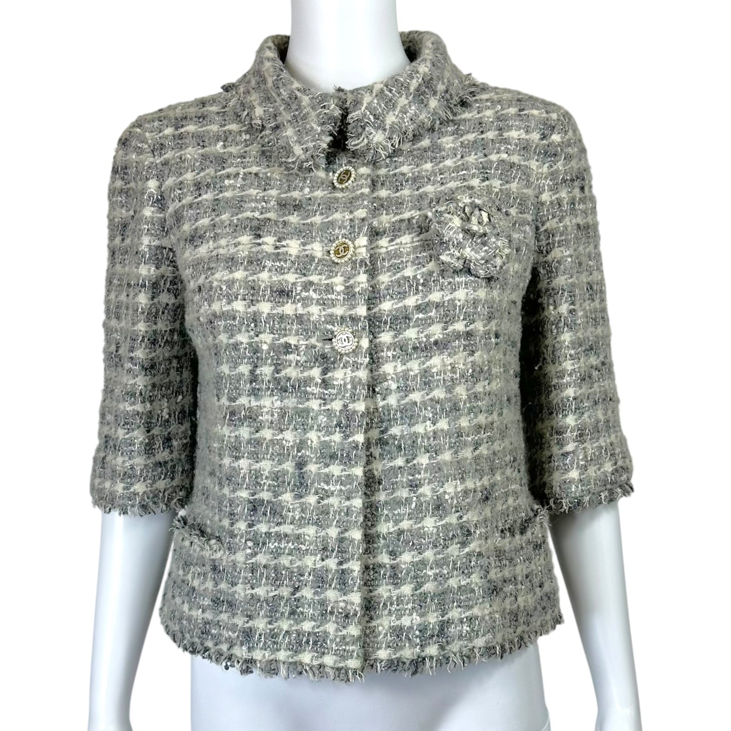 Chanel Fall 2005 Metallic Silver & Ivory Tweed Crop 1/2 Sleeve Jacket