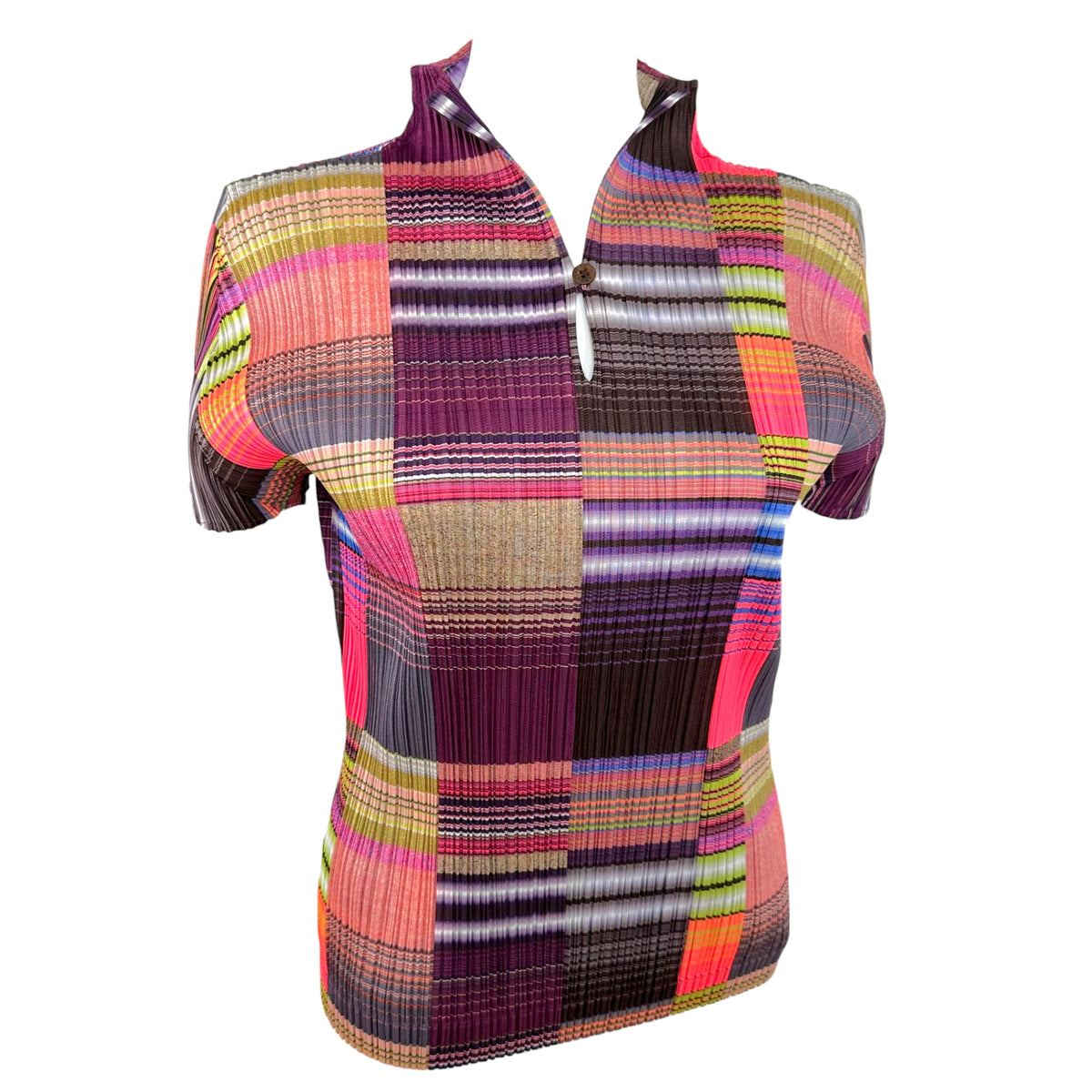 Issey Miyake Pleats Please Pink Purple Multicolor Striped Gradient Print Pleated Short Sleeve Blouse Sz 4