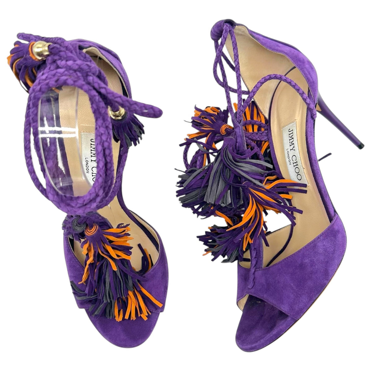 Jimmy Choo Purple Orange Suede Fringe Wrap Sandal Heels