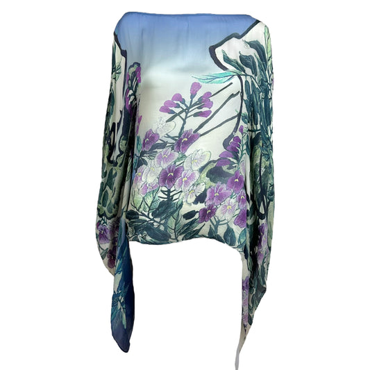 Roberto Cavalli Blue Floral Silk Khaftan Blouse