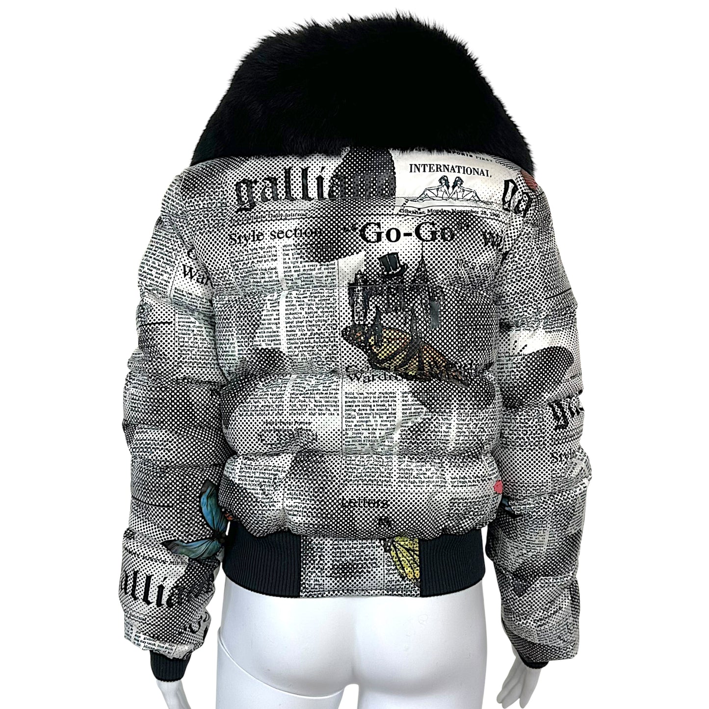 John Galliano Gazette Print Down Puffer Coat w/ Fox Fur Collar