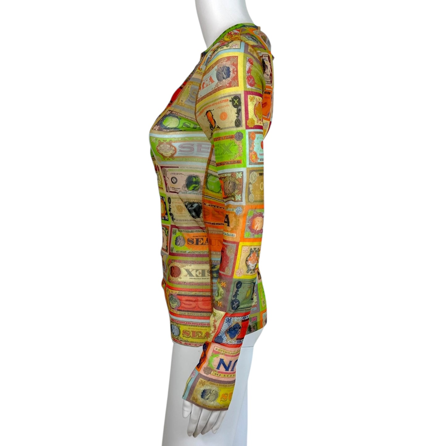 Jean Paul Gaultier Soleil Multicolor Money Print Longsleeve Mesh Top