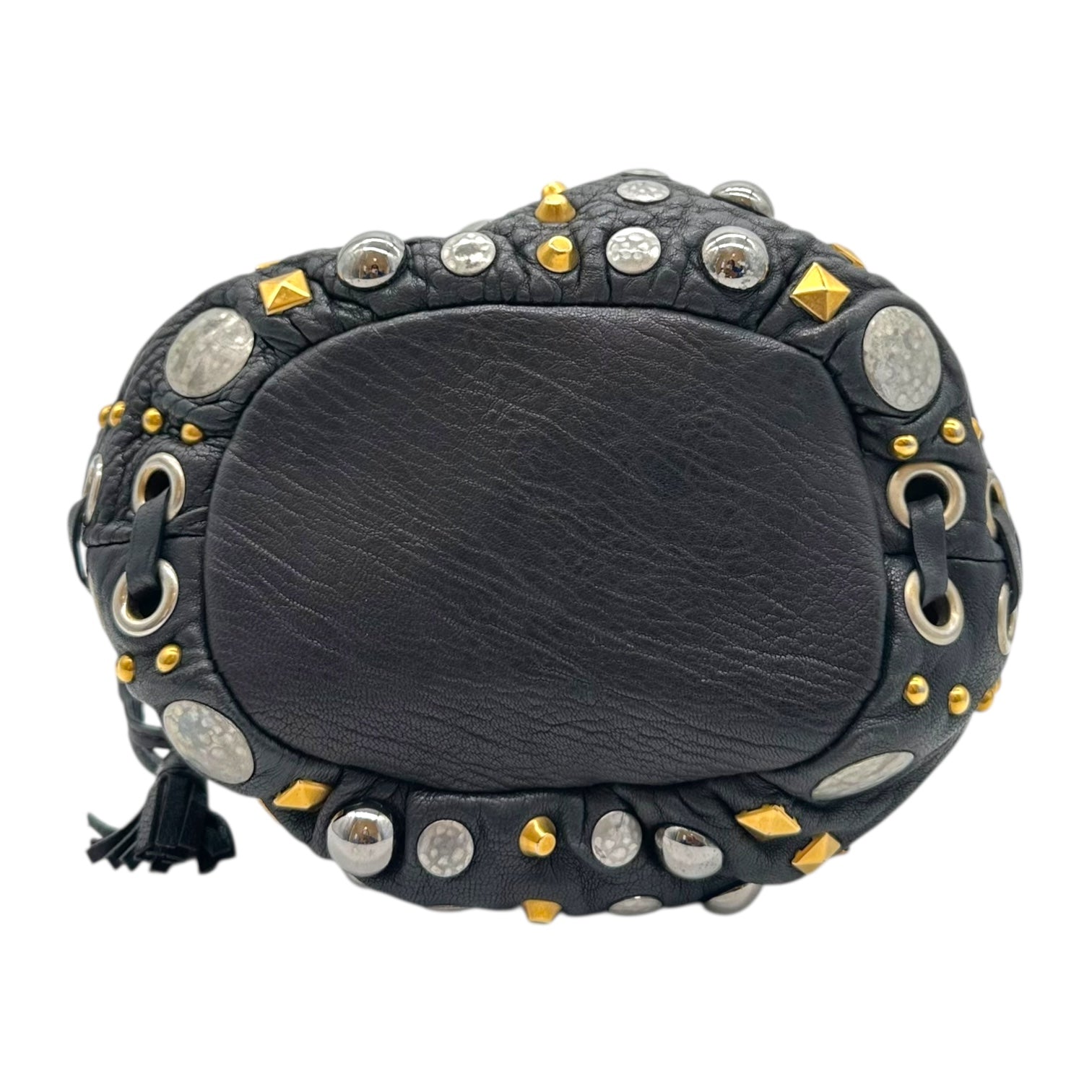 Miu Miu Silver & Gold Studded Mini Crossbody Bucket Bag - Outfit Repeater