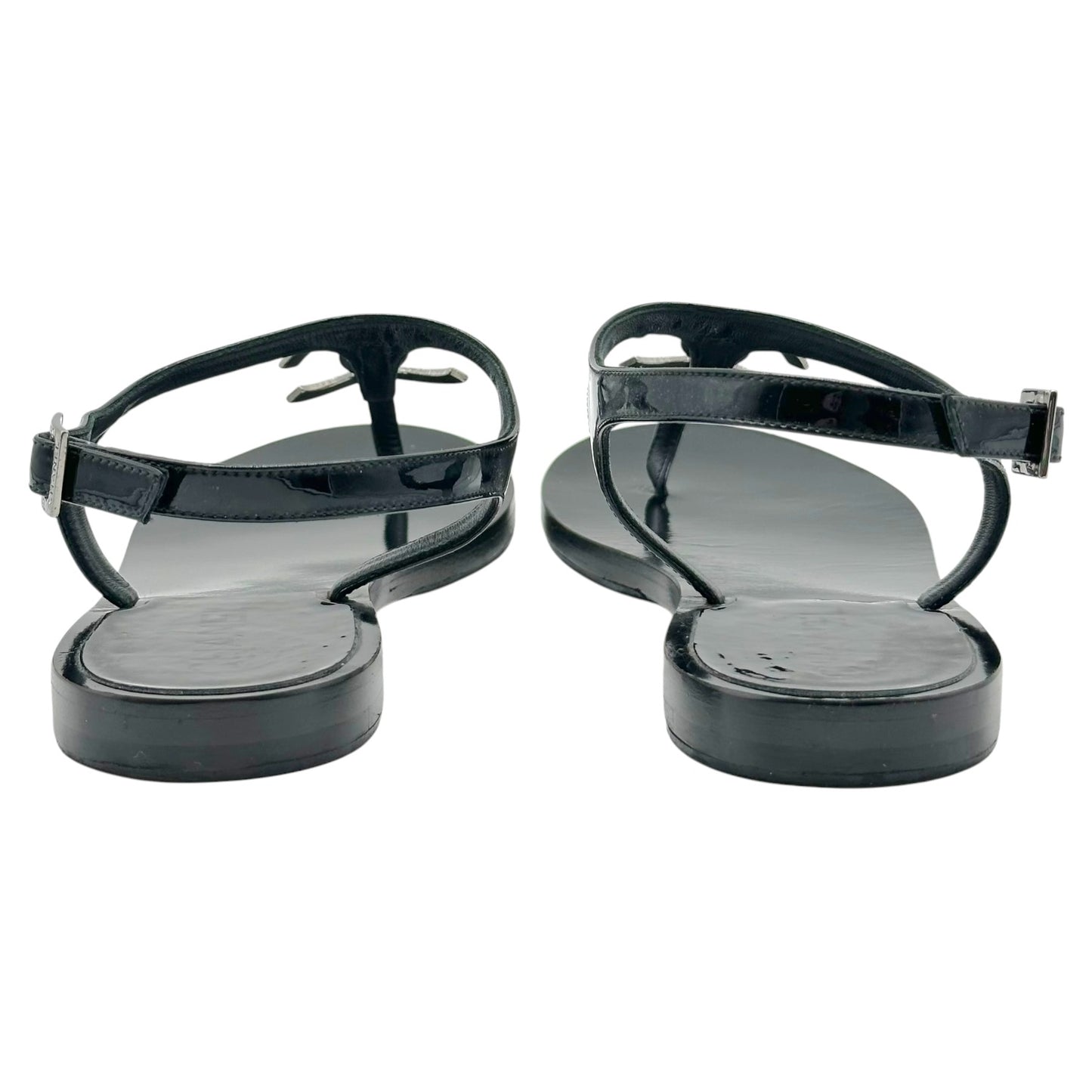 Chanel Black Patent Leather CC Logo Thong Sandals