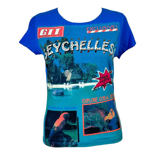 D&G Dolce & Gabbana S/S 2002 Seychelles Bedazzled Postcard Graphic T-Shirt
