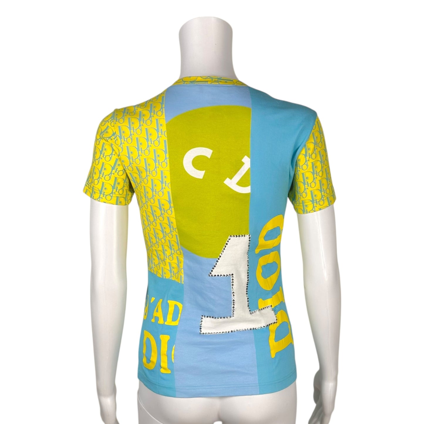Christian Dior S/S 2005 Blue & Yellow Rhinestone Logo T-Shirt NEW