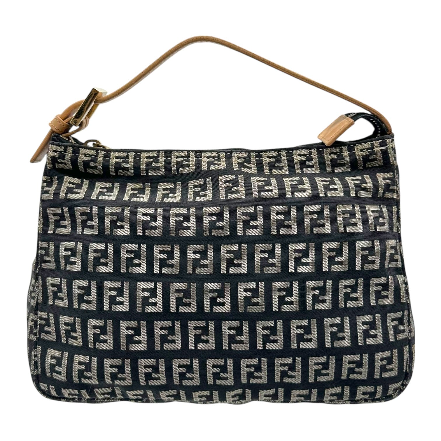 Fendi Black Zucchino Monogram Tan Leather Pochette Bag