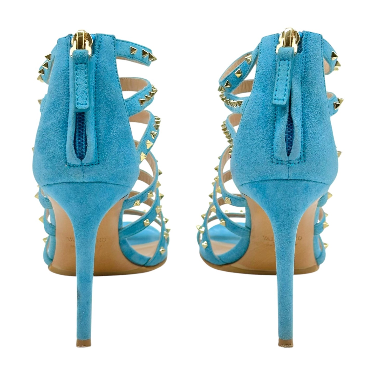 Valentino Turquoise Suede & Gold Rockstud Gladiator Heels