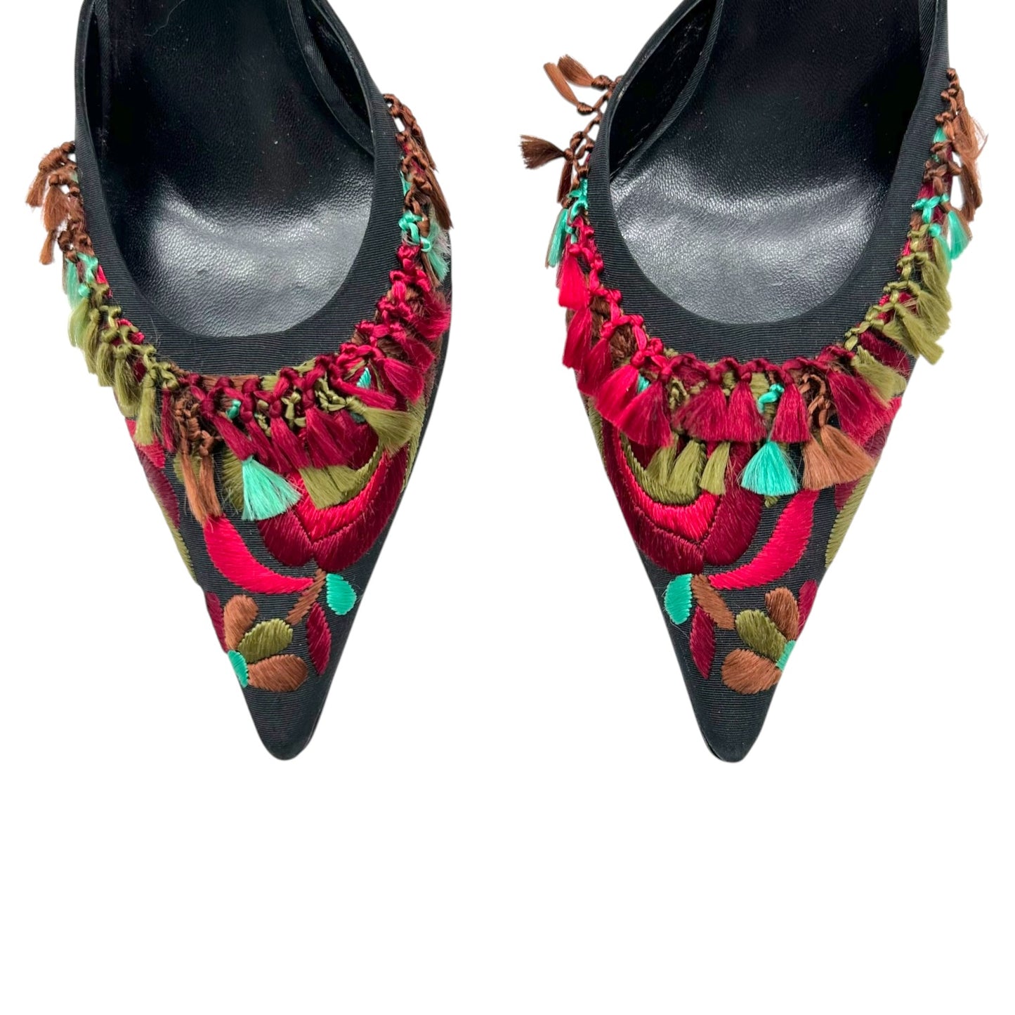 Oscar de la Renta Embroidered Floral & Tassle Slingback Heels