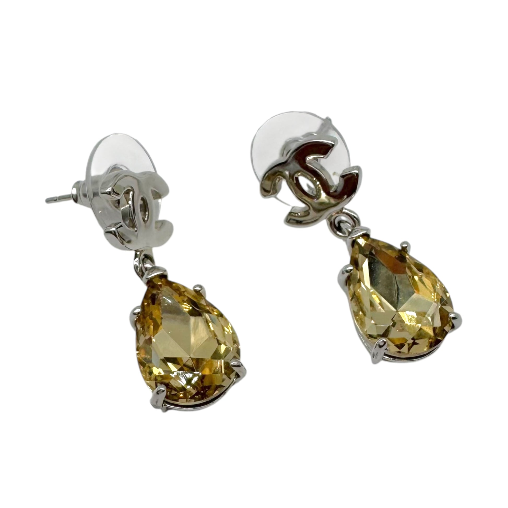 Chanel Teardrop Earrings Silver Yellow Crystal CC Logo