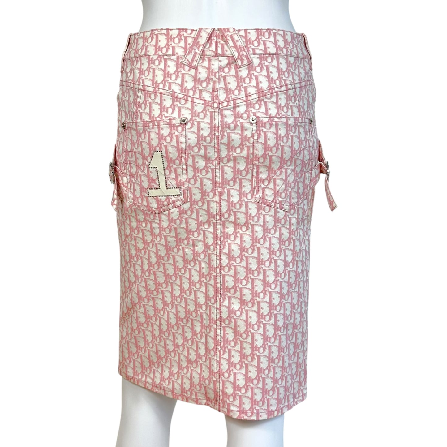 Christian Dior S/S 2004 Pink & White Trotter Monogram Denim Midi Skirt