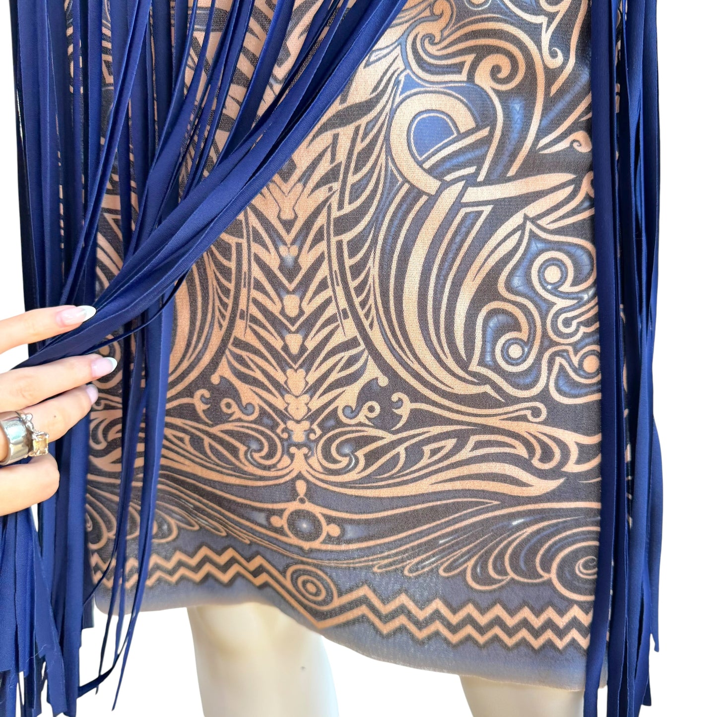 Jean Paul Gaultier Soleil Blue & Beige Tribal Print Mesh Midi Skirt w/ Fringe Overlay