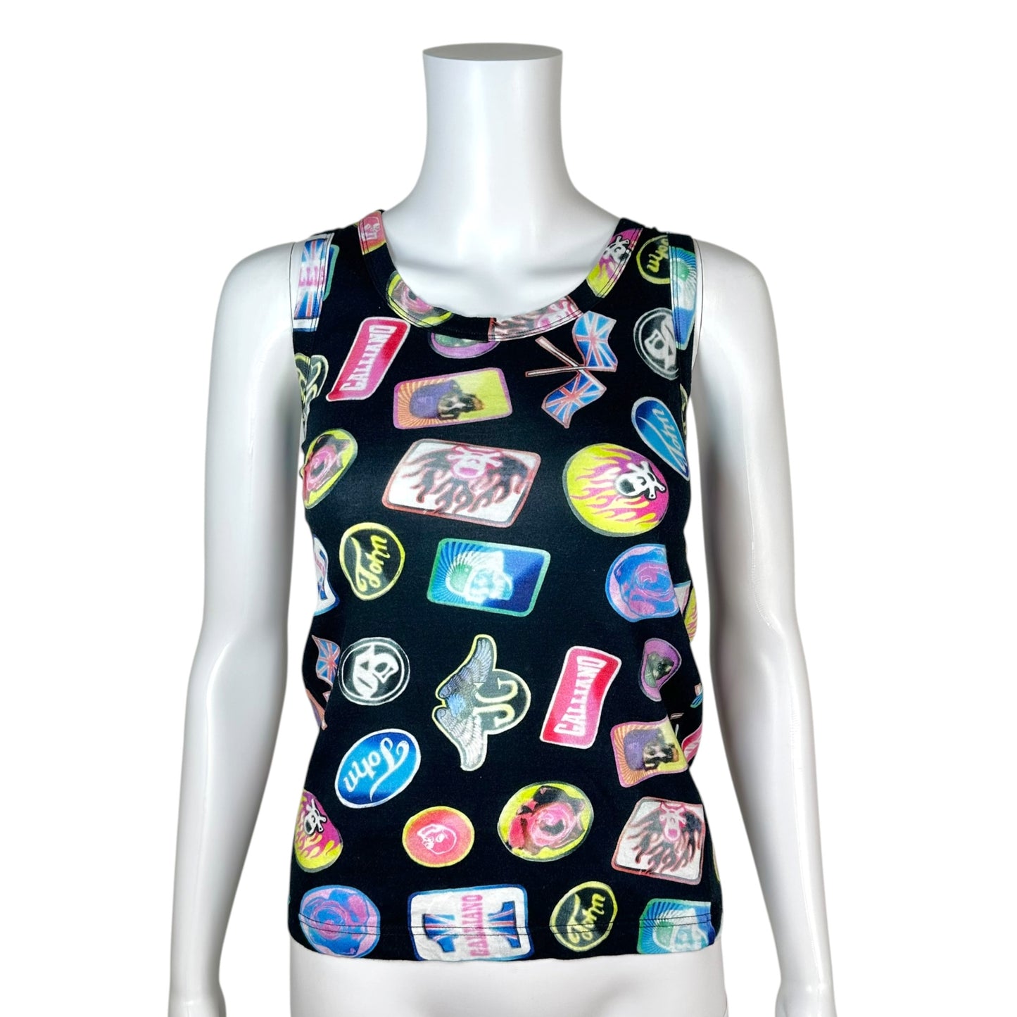 John Galliano Tank Top Black Multicolor Logo Print XS