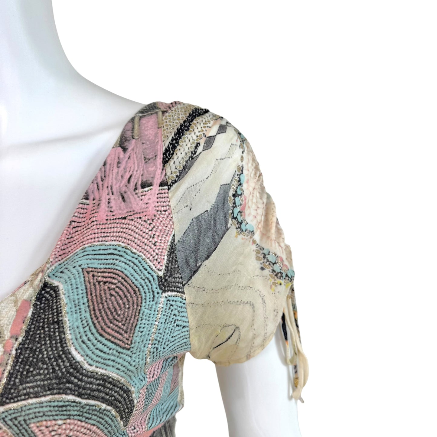 Roberto Cavalli S/S 2003 Metallic & Pastel Printed Silk Blouse & Midi Skirt Set
