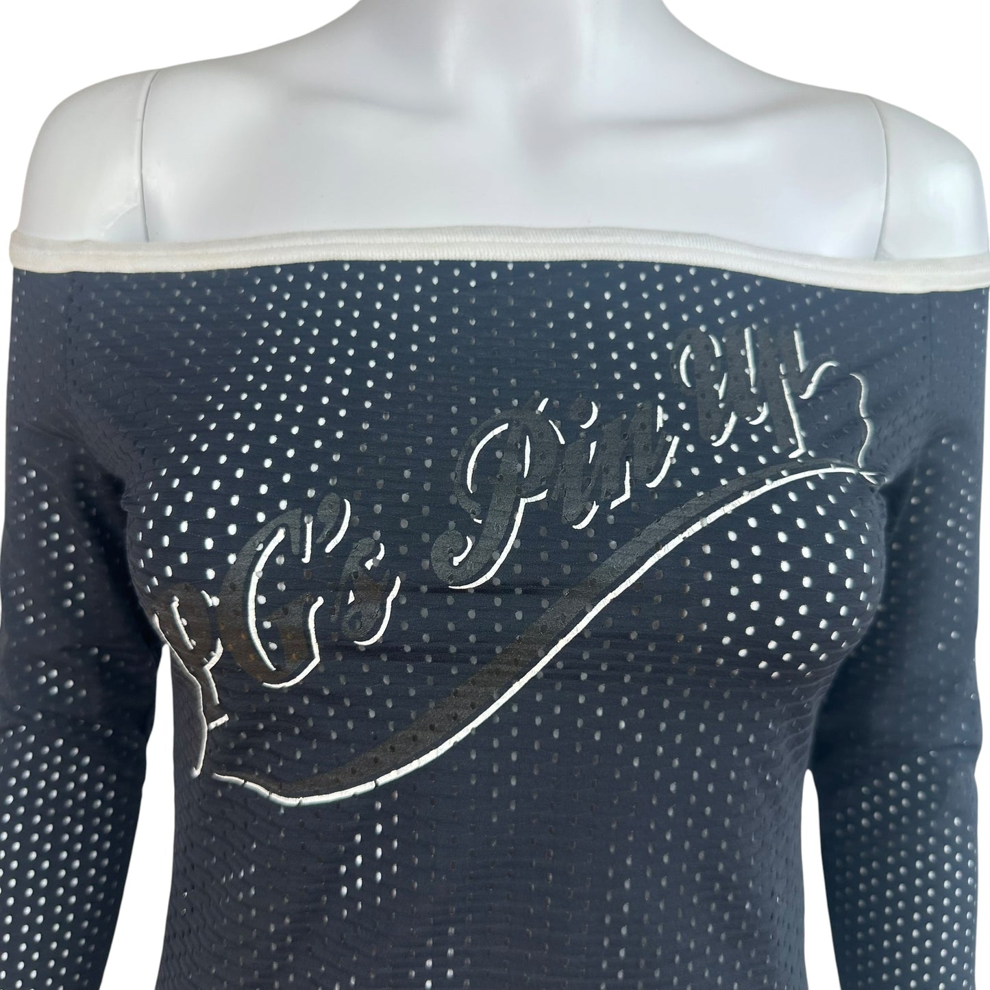 Jean Paul Gaultier Black & White 'JPG's Pin-Up' 3/4 Sleeve Off Shoulder Jersey Top