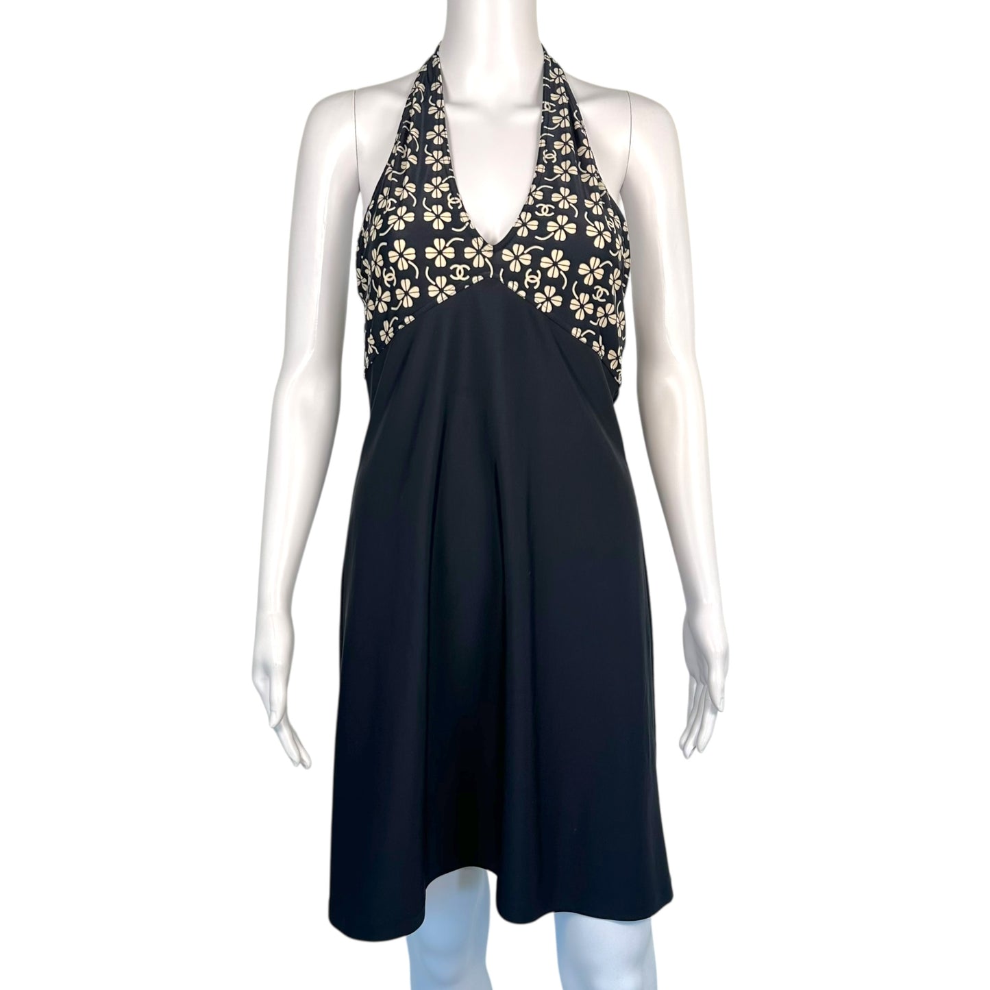 Chanel Spring 2001 Navy Blue & Ivory Clover & Logo Print Mini Halter Dress