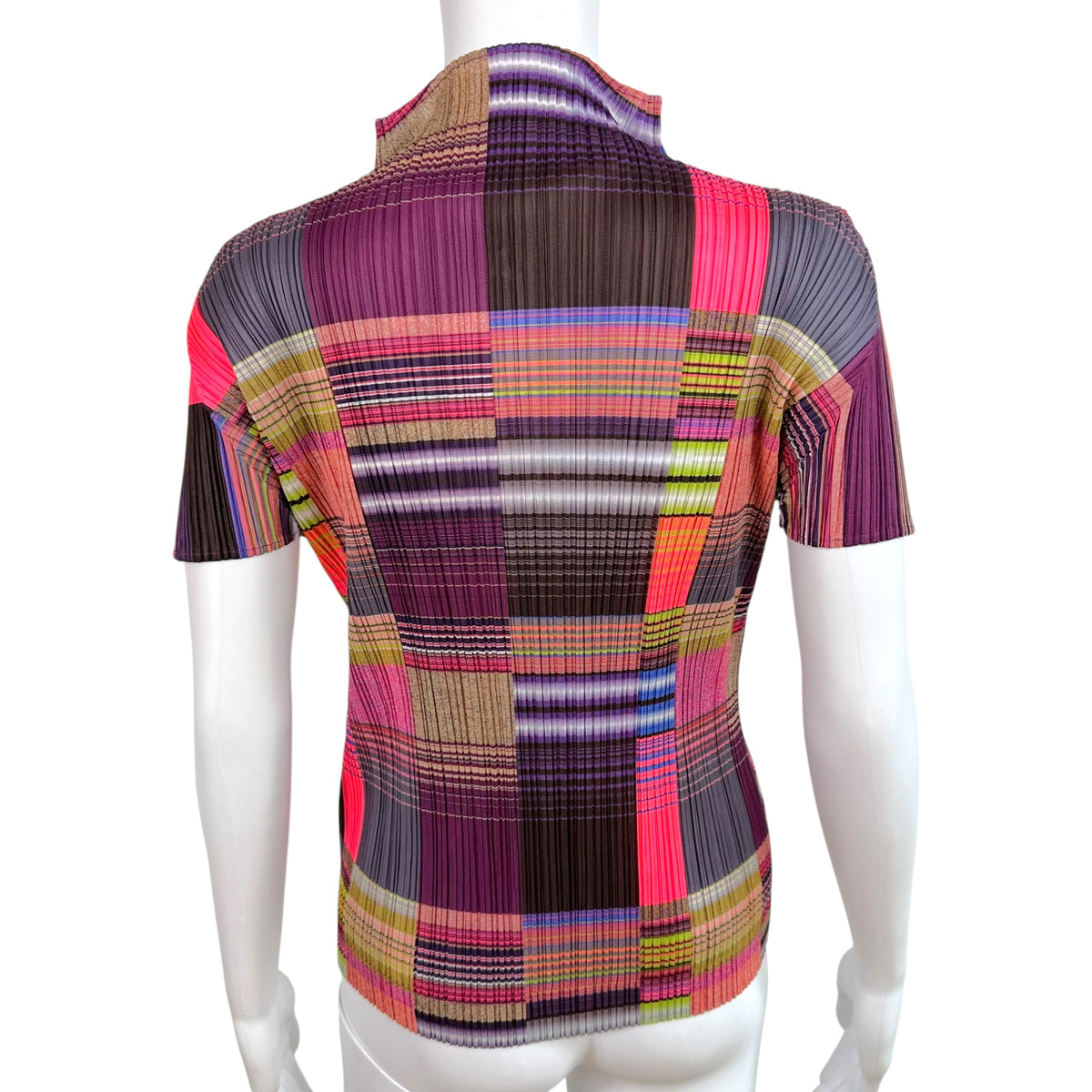 Issey Miyake Pleats Please Pink Purple Multicolor Striped Gradient Print Pleated Short Sleeve Blouse Sz 4
