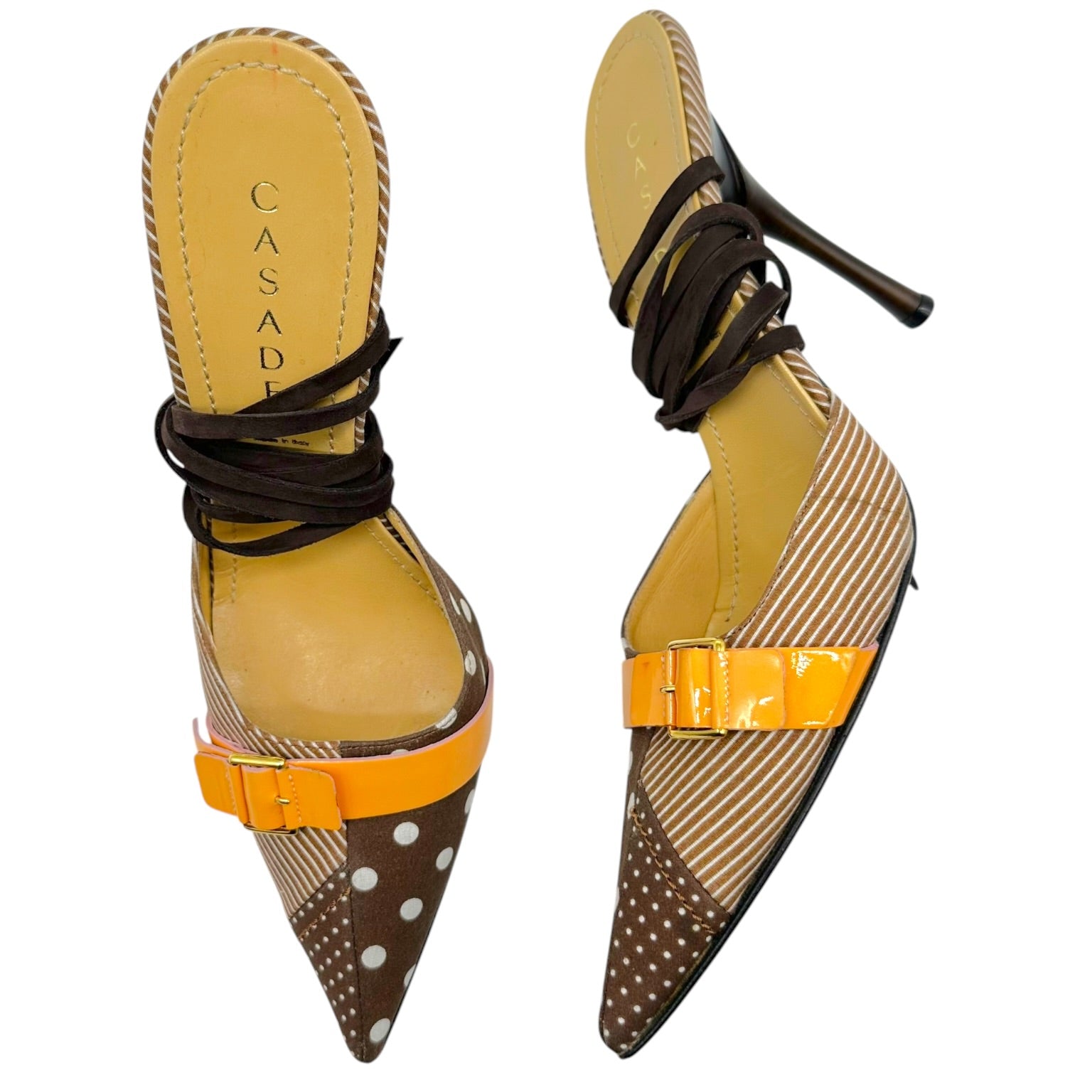 Casadei Lace Up Mule Heels Brown Orange Striped Polka Dot