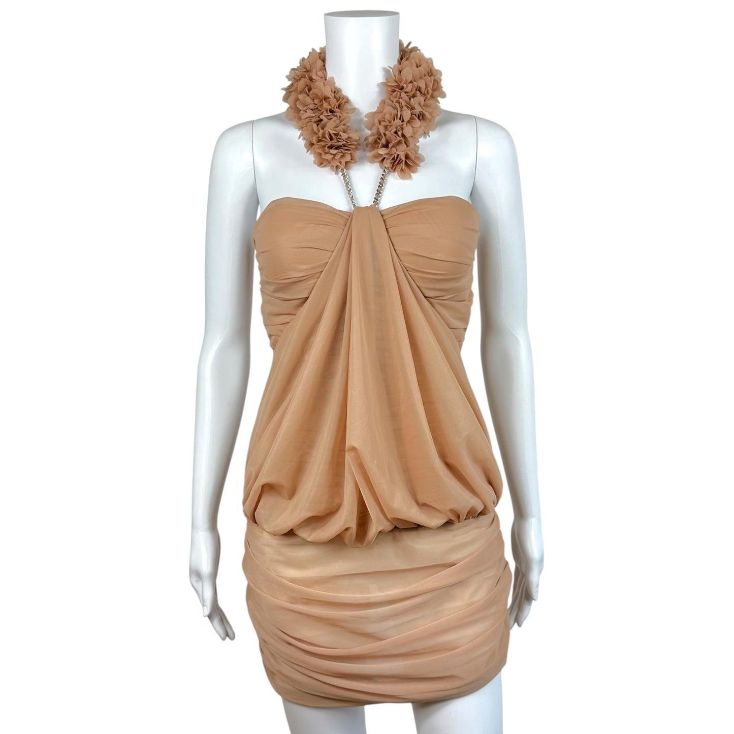Fanci Club Beige Peachline Draped Floral Halterneck Mini Dress