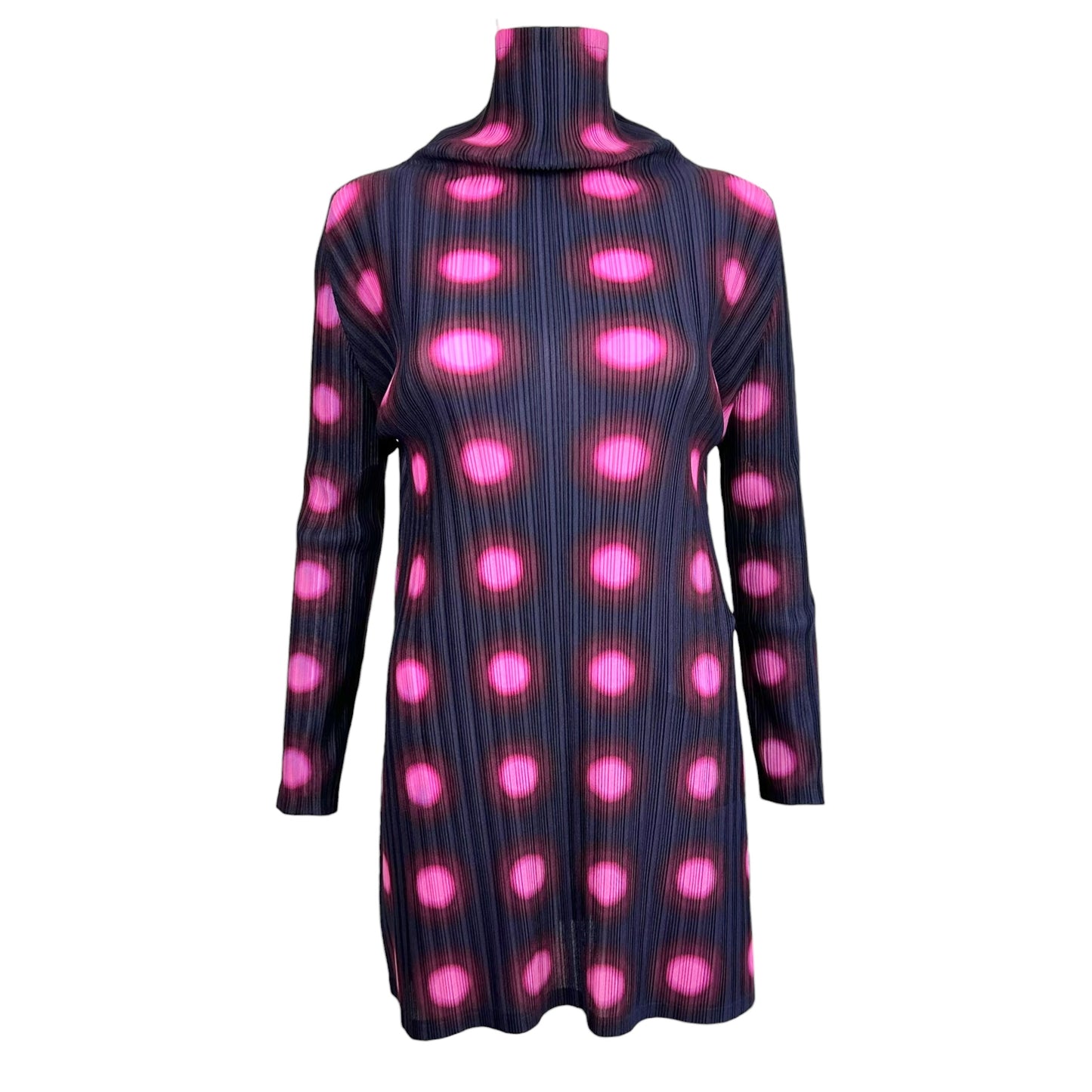 Issey Miyake Pleats Please Navy & Pink Polka Dot Mock Neck Longsleeve Mini Dress