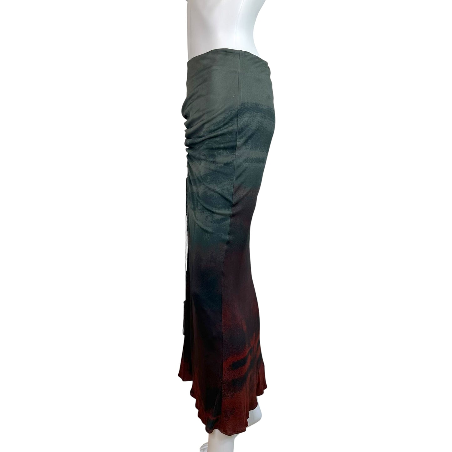 Roberto Cavalli Gray & Burgundy Gradient Print Ruched Side Maxi Skirt NEW