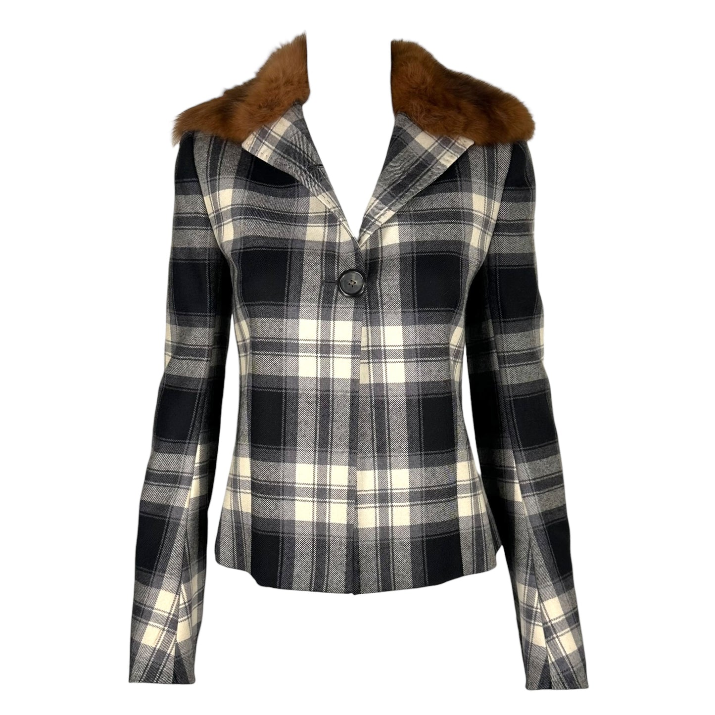Dolce & Gabbana Wool Black & White Plaid Jacket w/ Fur Collar