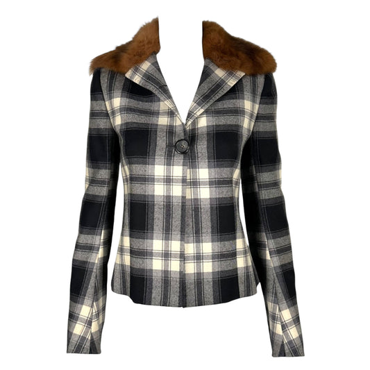 Dolce & Gabbana Wool Black & White Plaid Jacket w/ Fur Collar