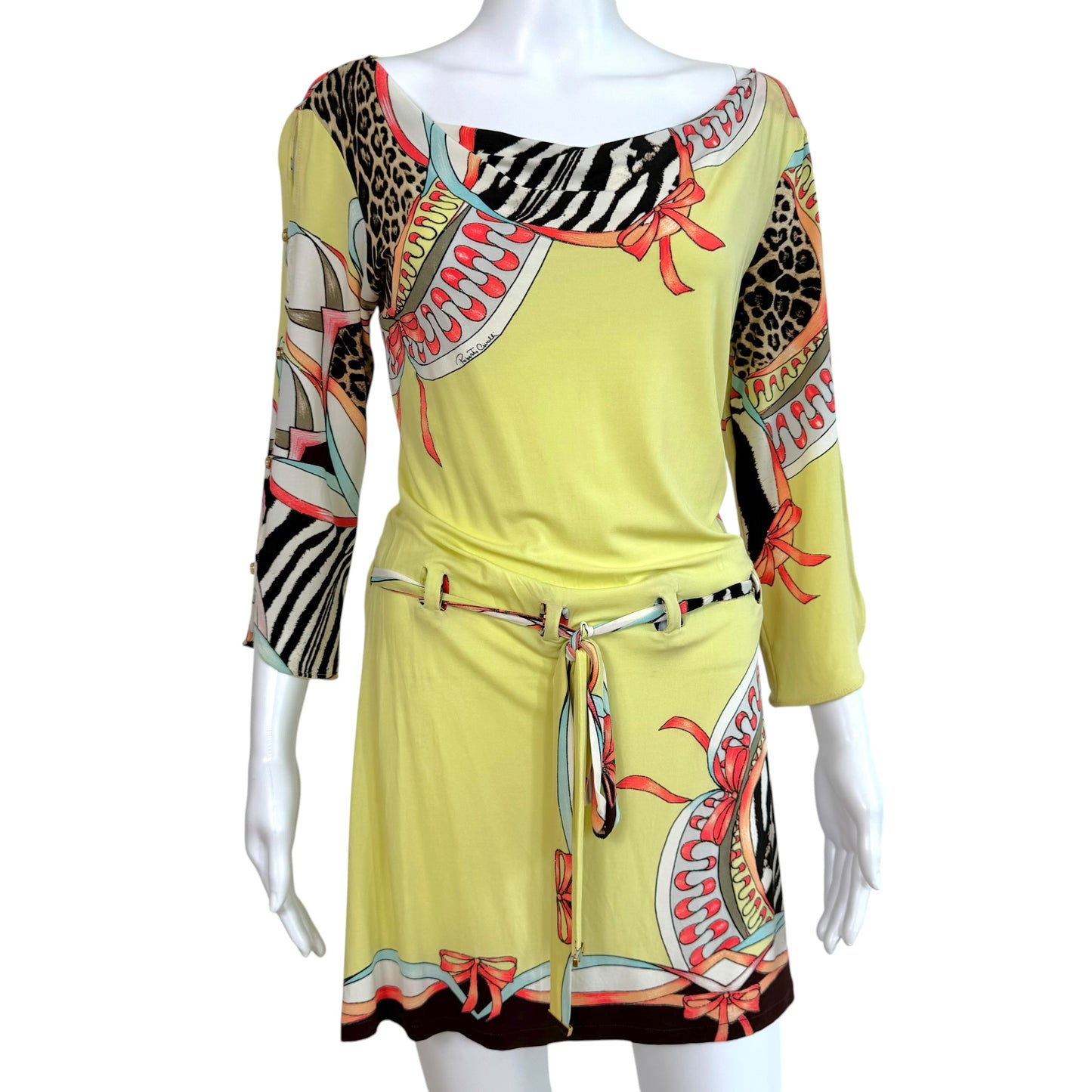 Roberto Cavalli S/S 2004 Yellow Multicolor Animal Print 3/4 Sleeve Cowl Neck Mini Dress