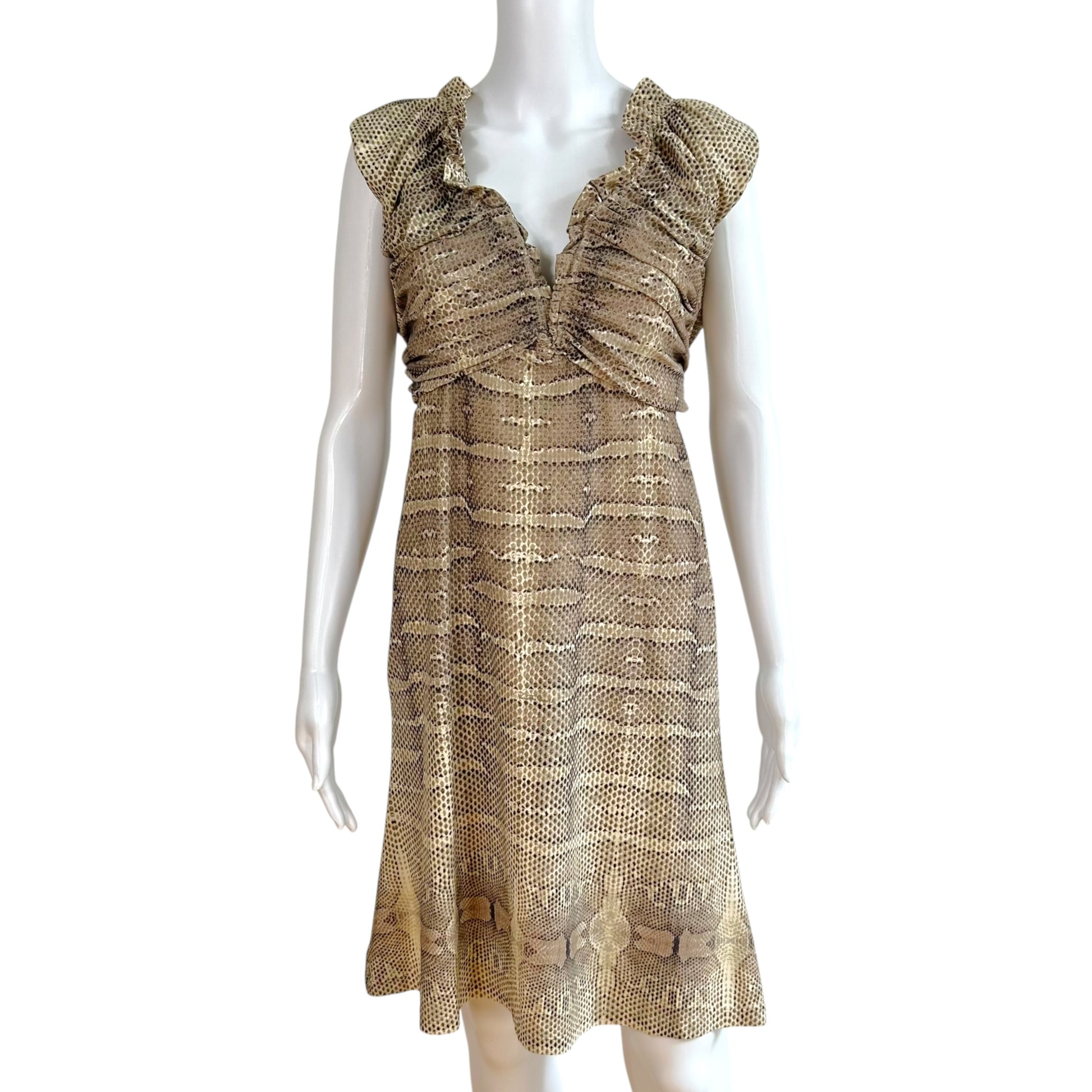 Roberto Cavalli Off-Shoulder Mini Dress Brown Snakeskin Print