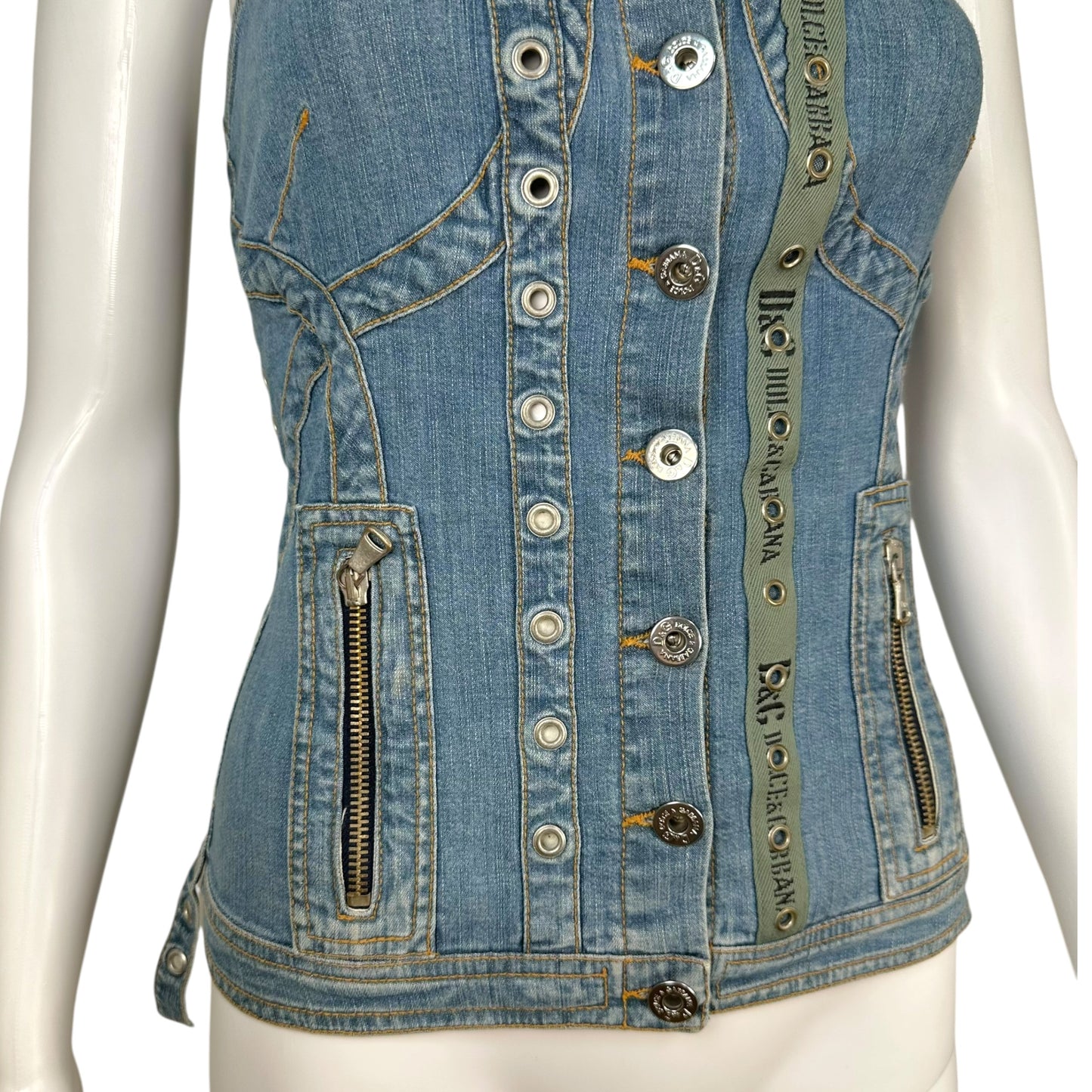 D&G Denim Khaki Bustier Top Adjustable Straps Zippered Pockets