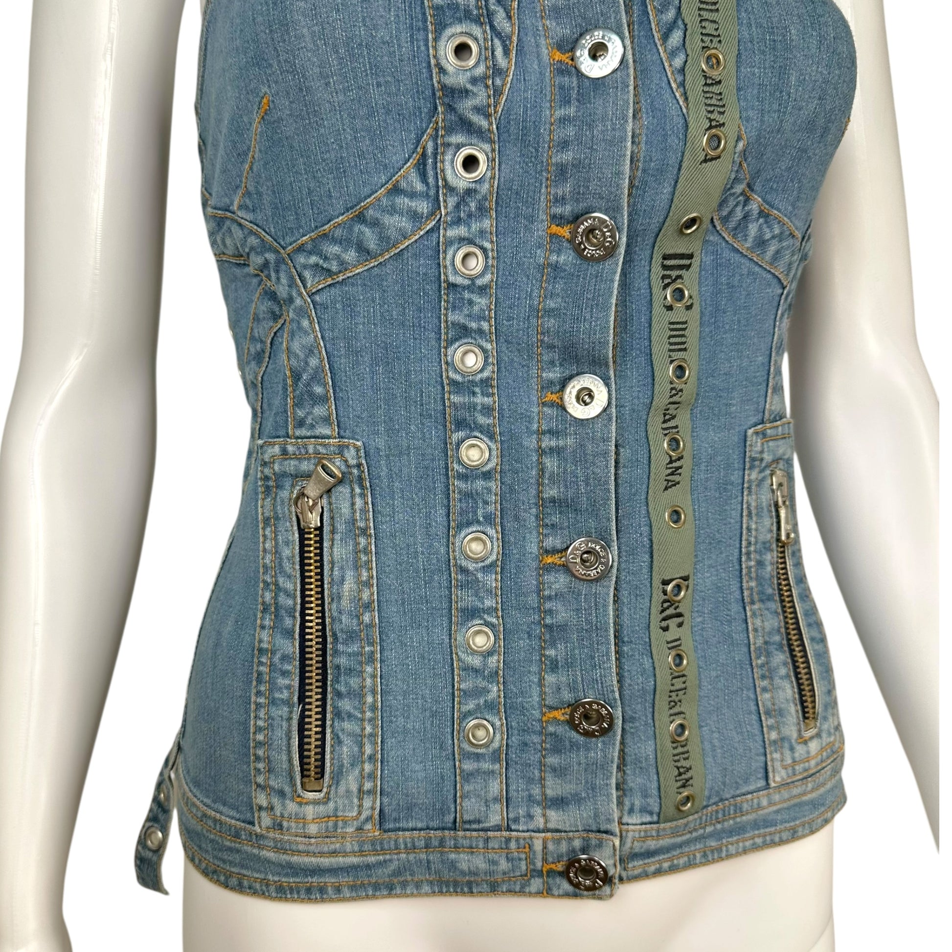 D&G Denim Khaki Bustier Top Adjustable Straps Zippered Pockets