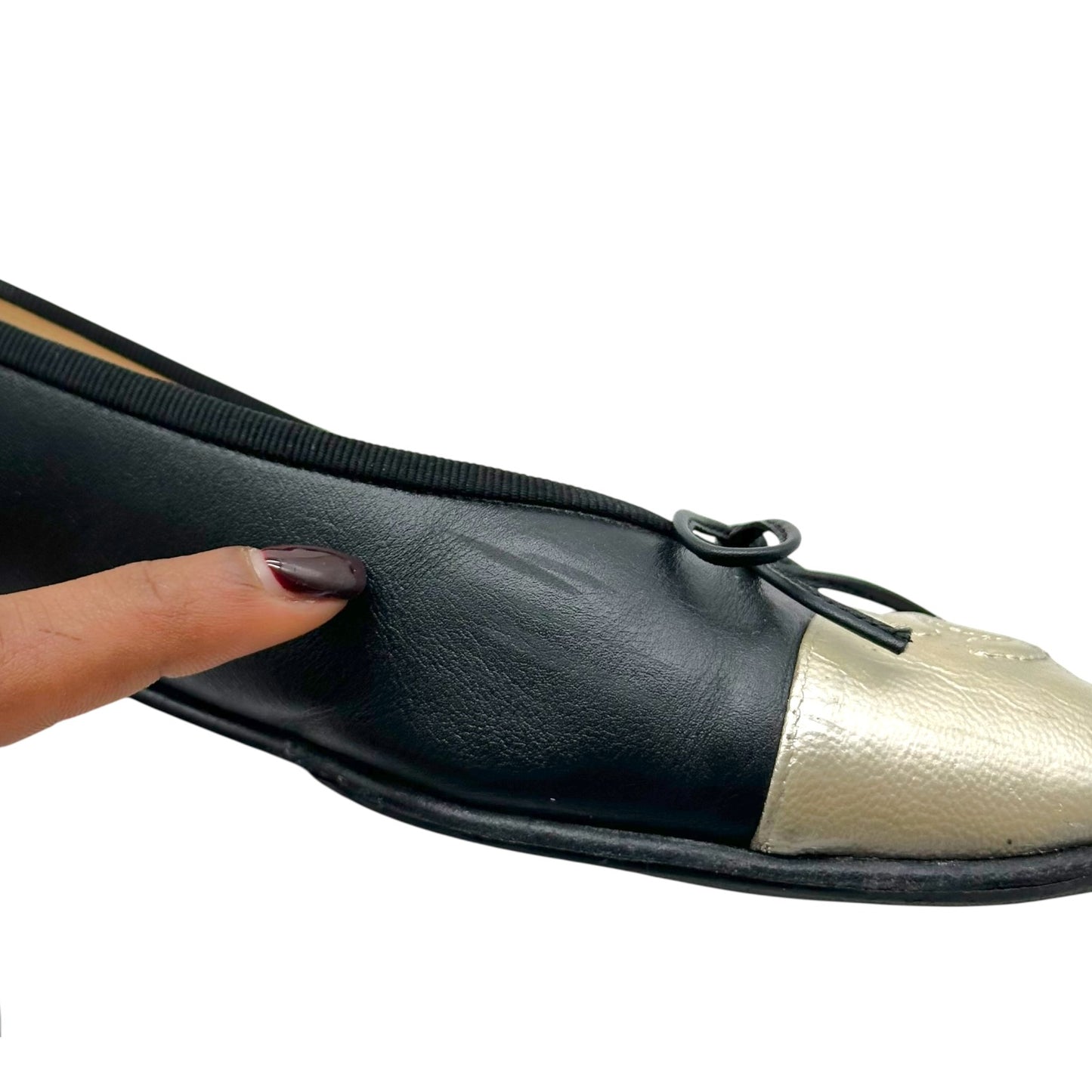 Chanel Metallic Gold & Black Canvas Logo Ballet Flats