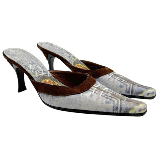 Casadei Denim Print & Brown Suede Kitten Heel Mules