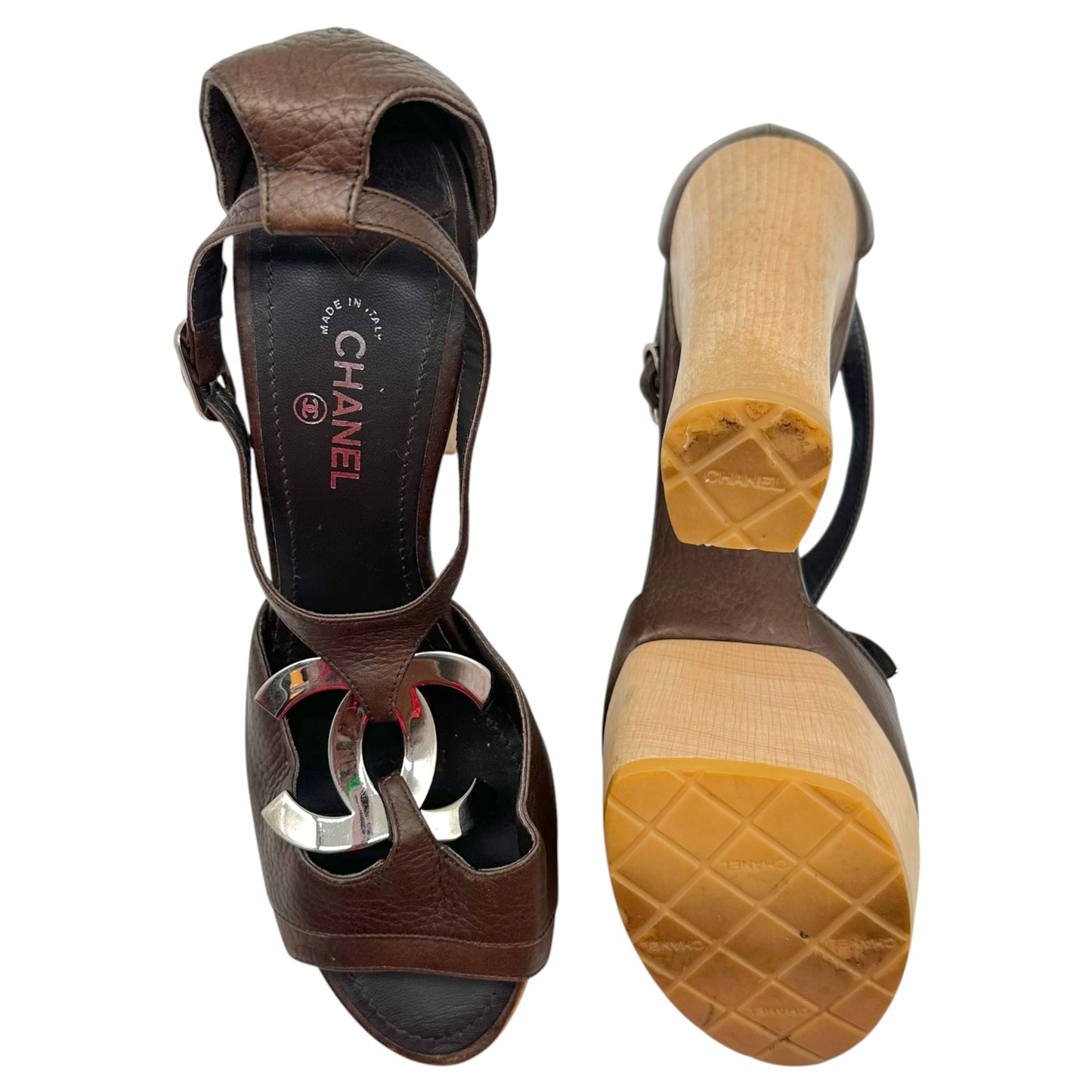 Chanel Brown Leather CC Logo Wooden Platform Heeled Sandals