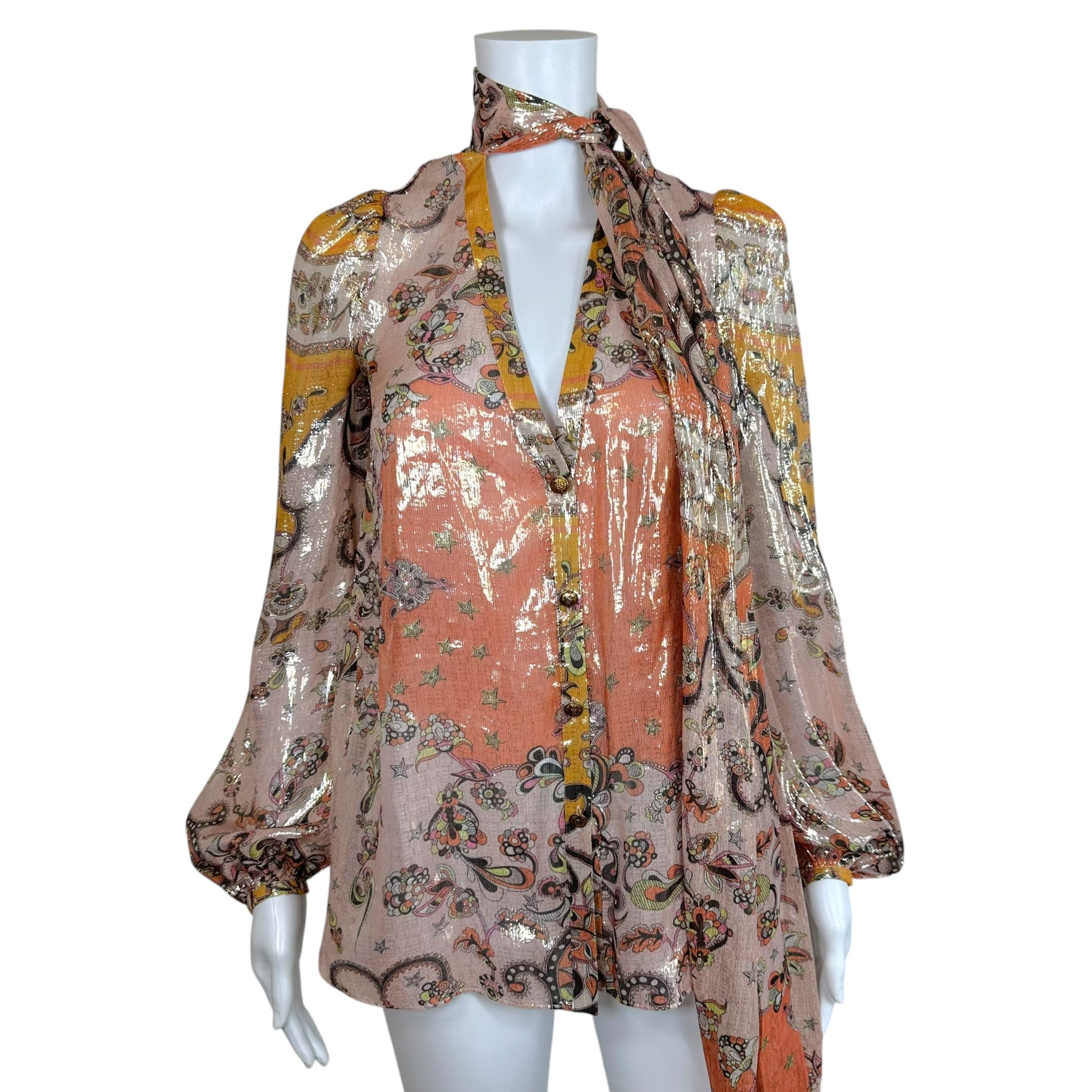 Emilio Pucci Silk Blouse Orange Pink Metallic Tie Neck