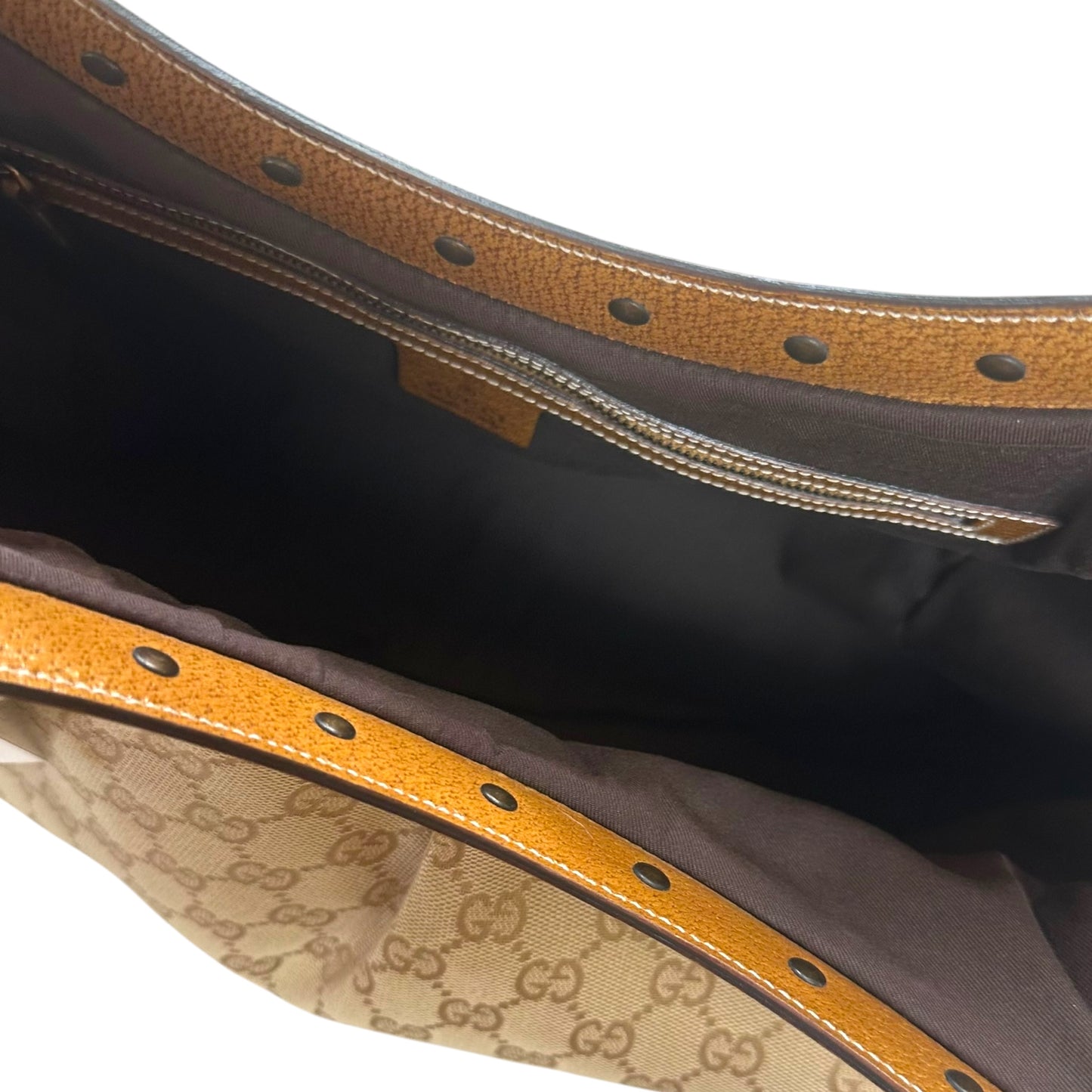 Gucci Tan Monogram Studded Bamboo Handle Shoulder Bag