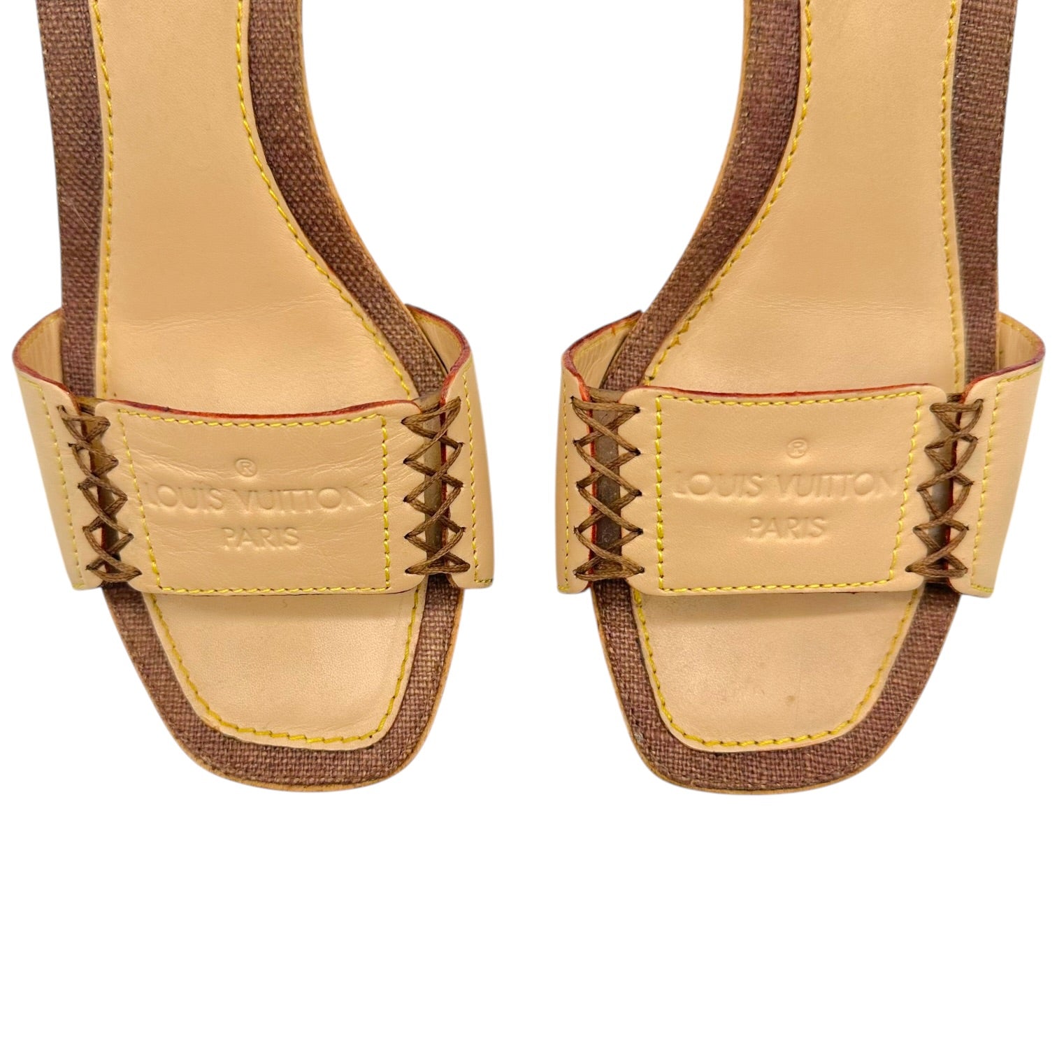 Louis Vuitton Beige Leather Whipstitch Kitten Heel Mules