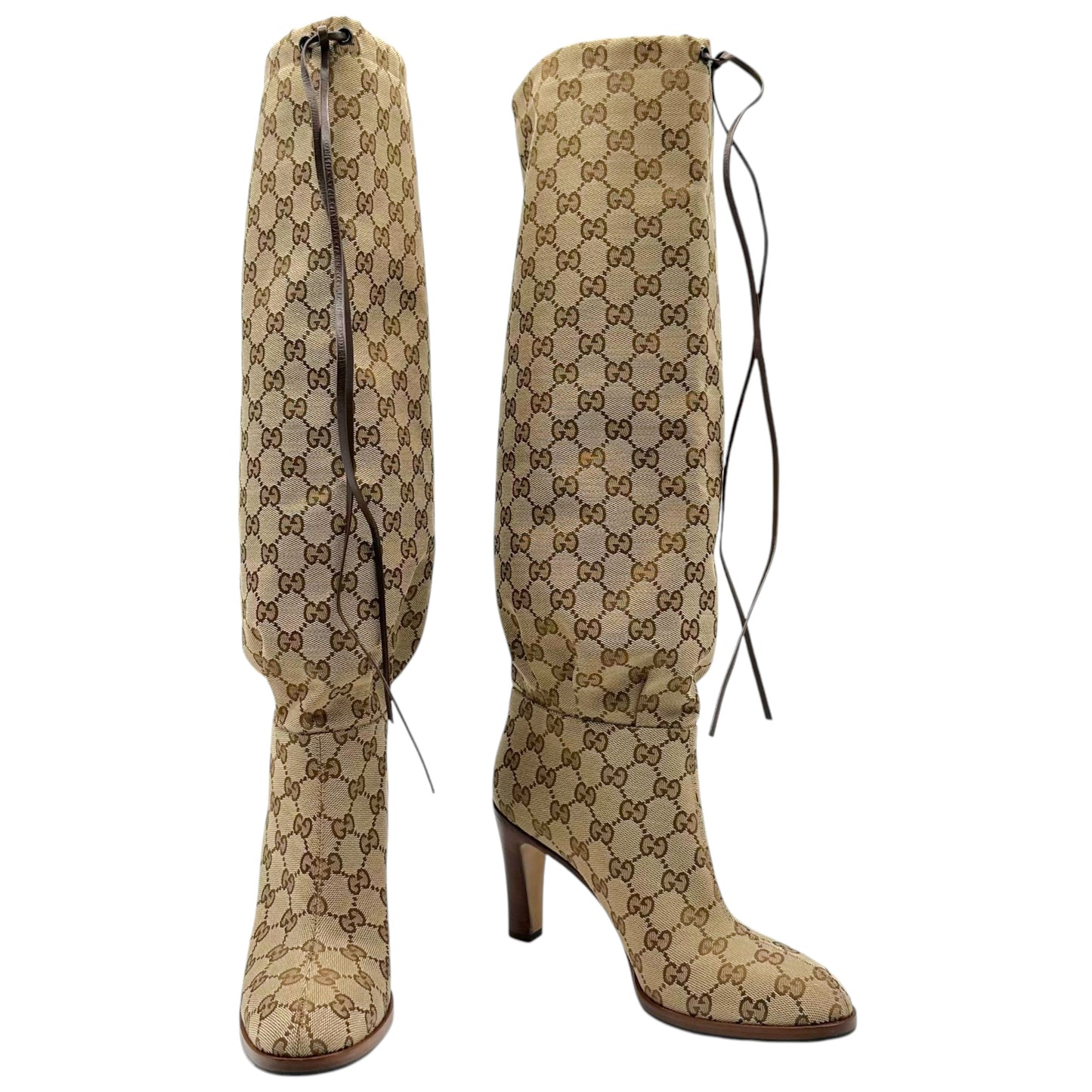 Gucci Heeled Knee High Boots Tan Monogram
