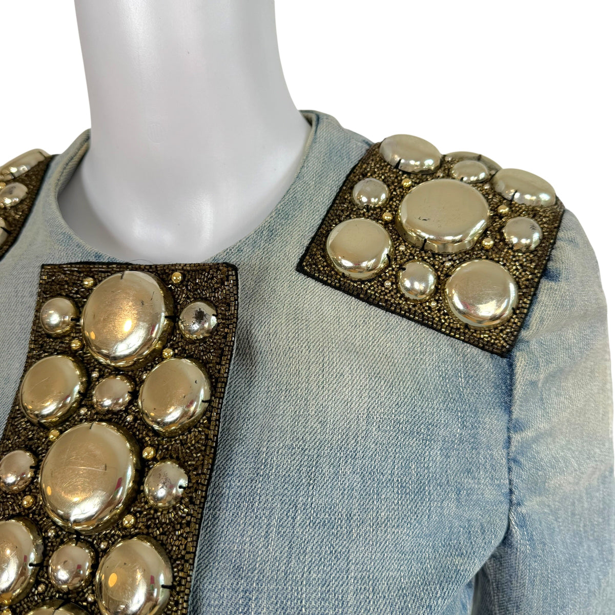 Dolce & Gabbana Silver Beaded Distressed Denim Jacket