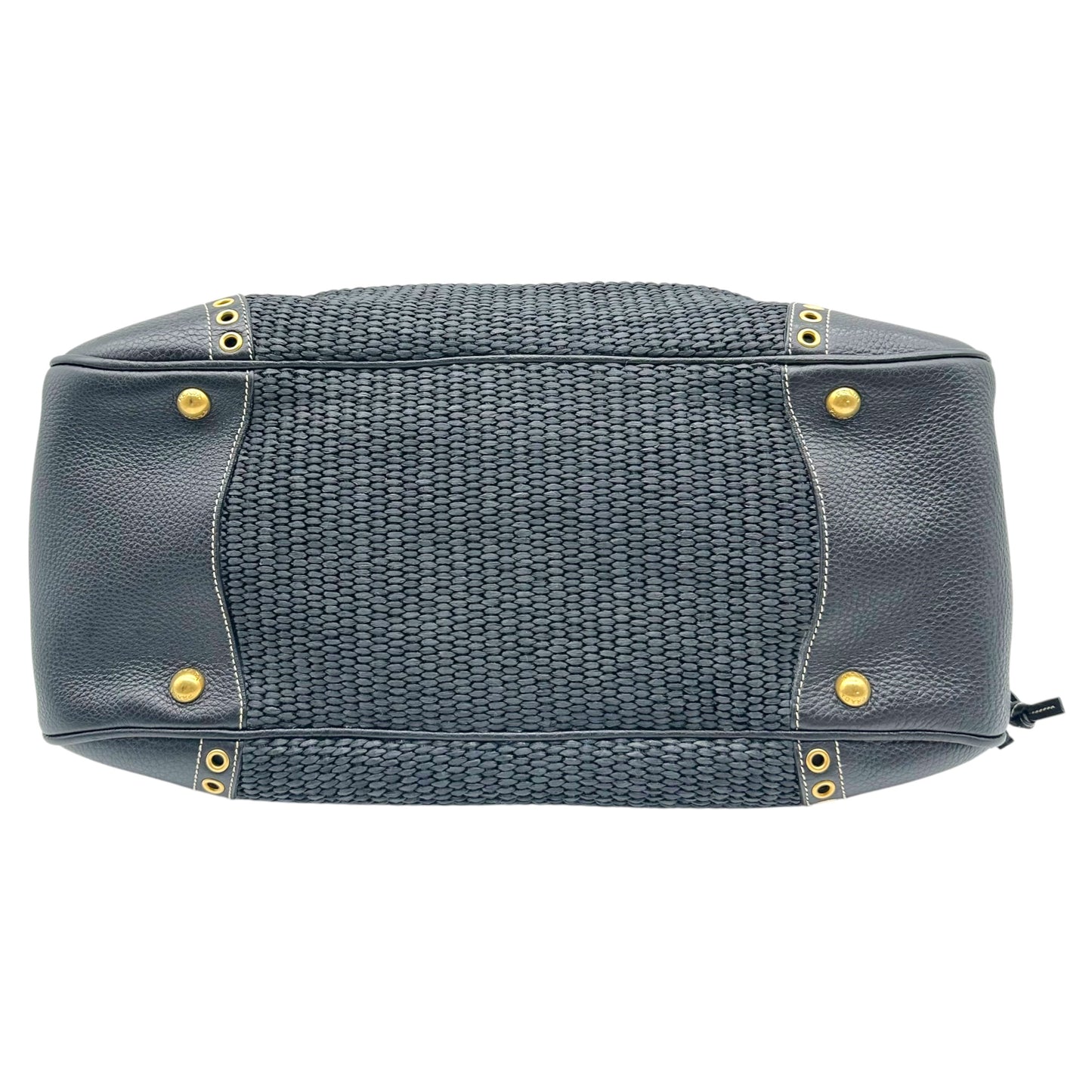 Prada Navy Blue Raffia Rivet Studded Doctors Handbag